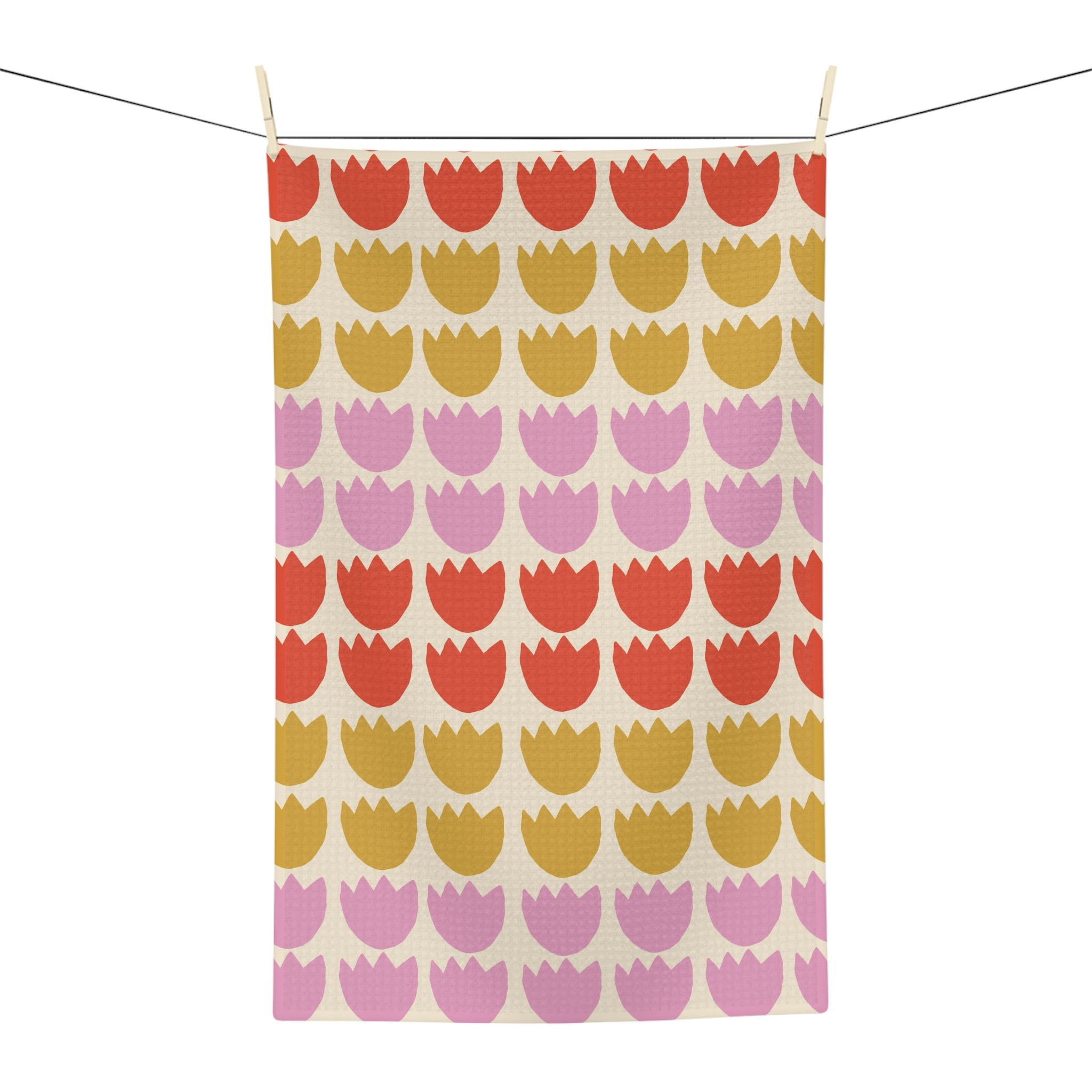 Tulip Pattern Microfiber Tea Towel — Retro Pink, Coral & Mustard Kitchen Towel
