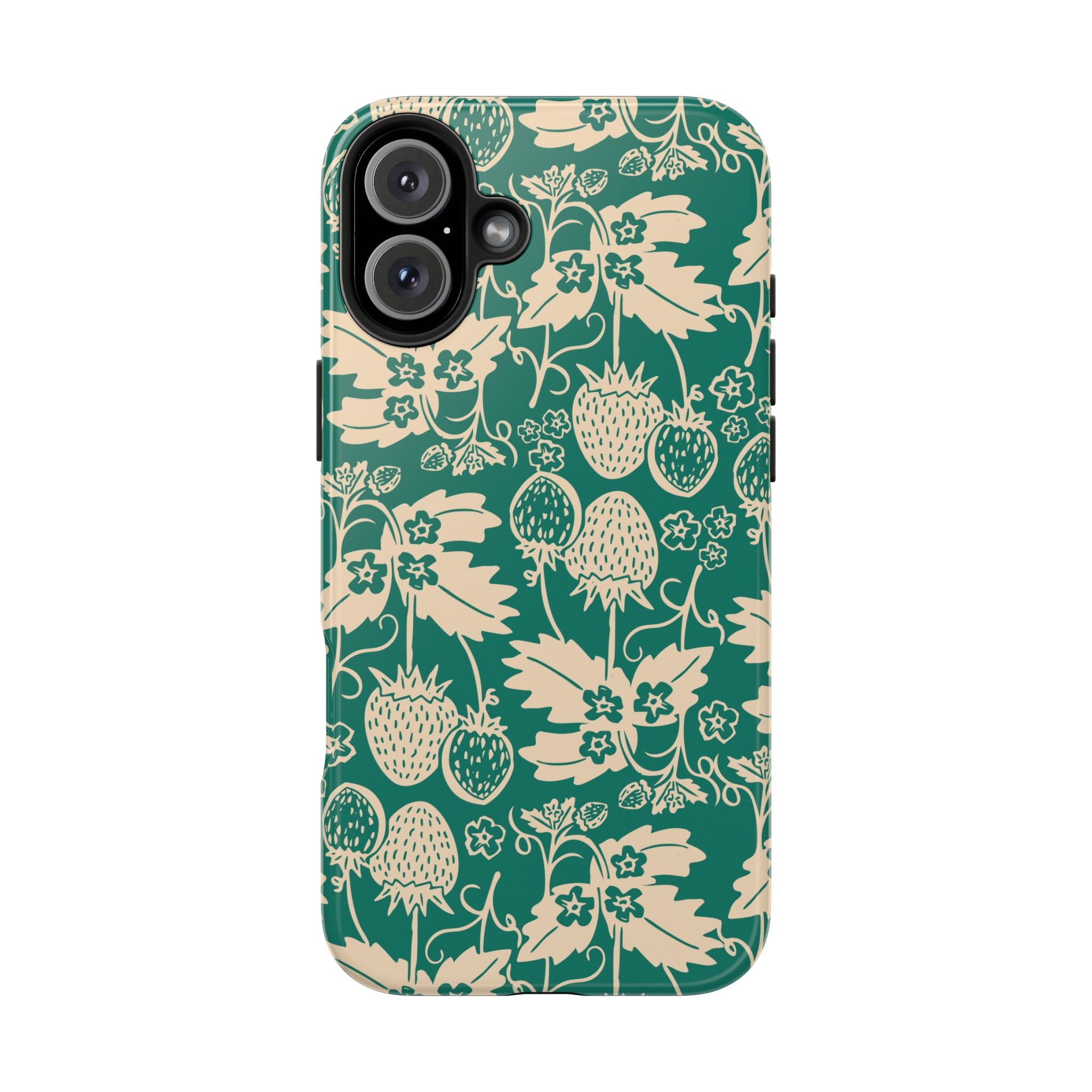 Floral Strawberry Tough Phone Case — Vintage Green Botanical Protection