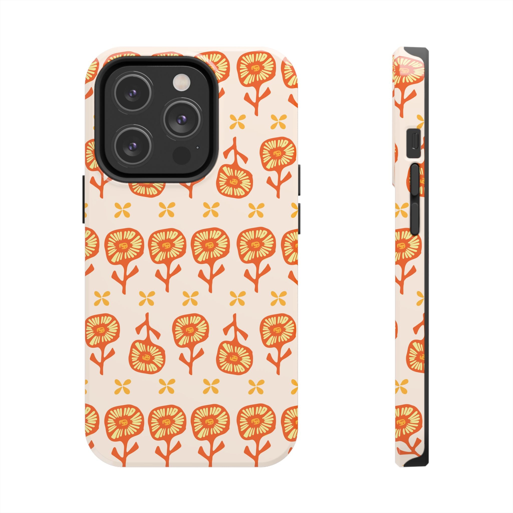 Retro Orange Floral Tough Phone Case — Durable Protective Phone Cover