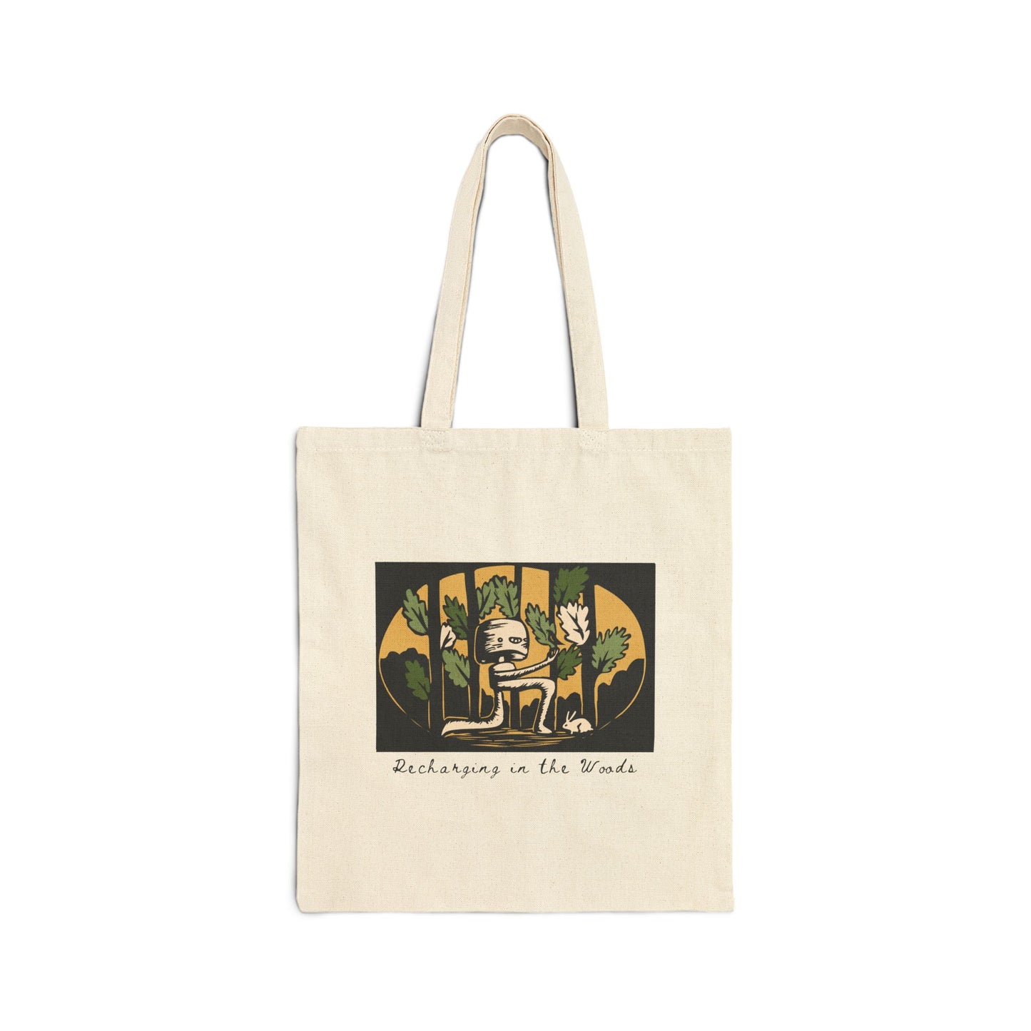 Cute Forest Robot Folk Art Tote Bag -  Whimsical Fantasy Forestcore Bag - Reboot - Recharging in the Woods
