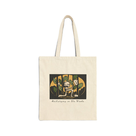 Cute Forest Robot Folk Art Tote Bag -  Whimsical Fantasy Forestcore Bag - Reboot - Recharging in the Woods