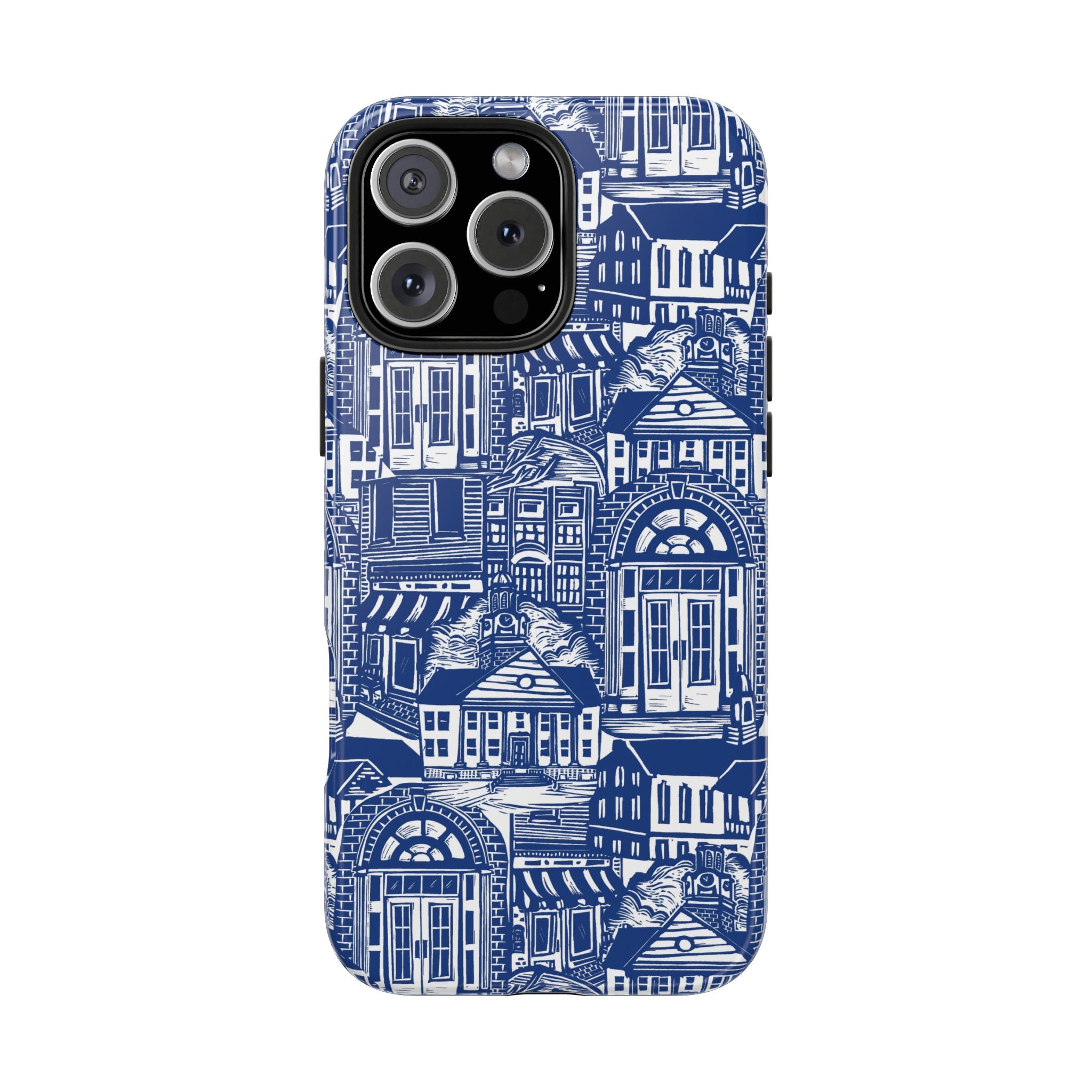 Doorway Cottage Pattern Tough Phone Case — Blue Architectural Houses Protective Cover