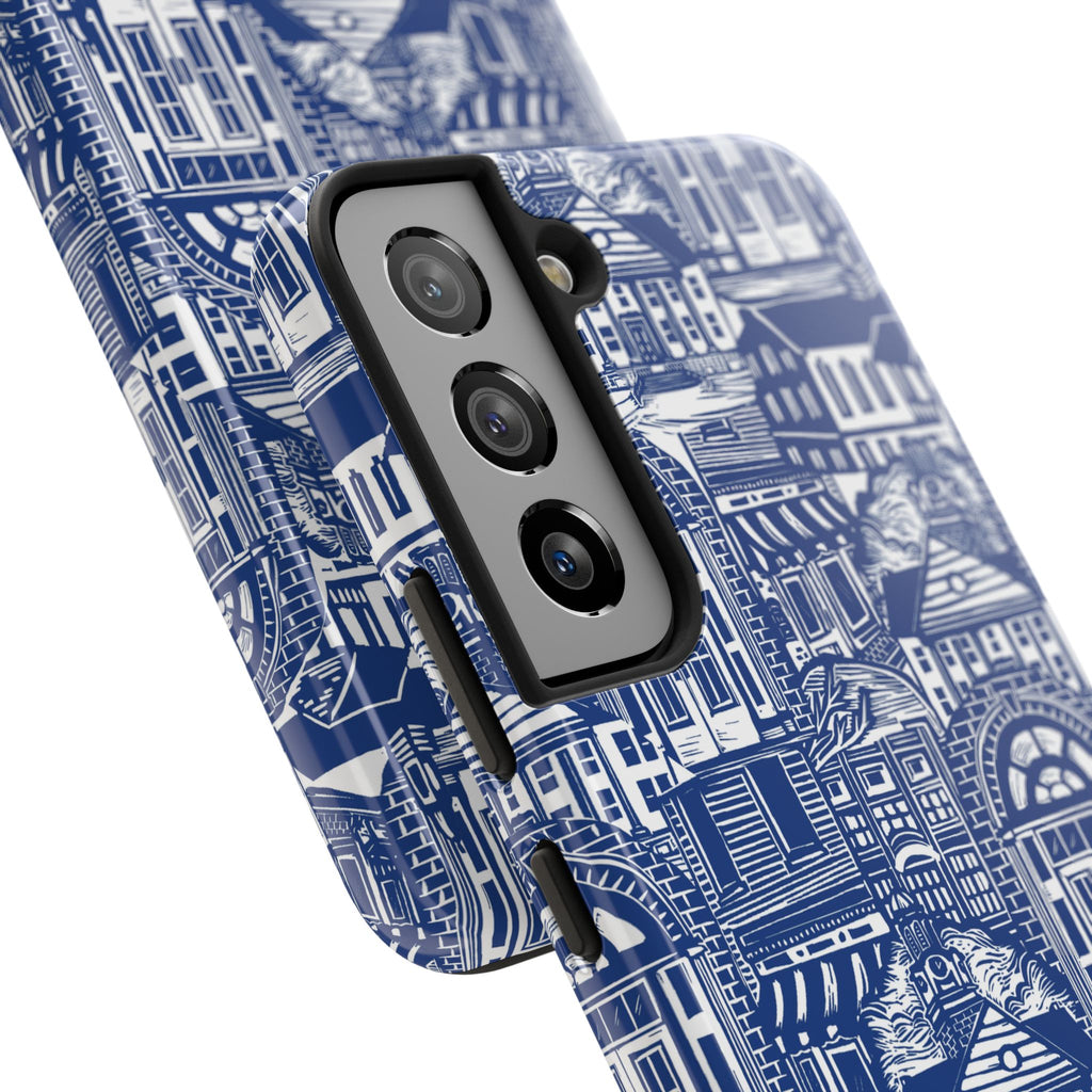 Doorway Cottage Pattern Tough Phone Case — Blue Architectural Houses Protective Cover