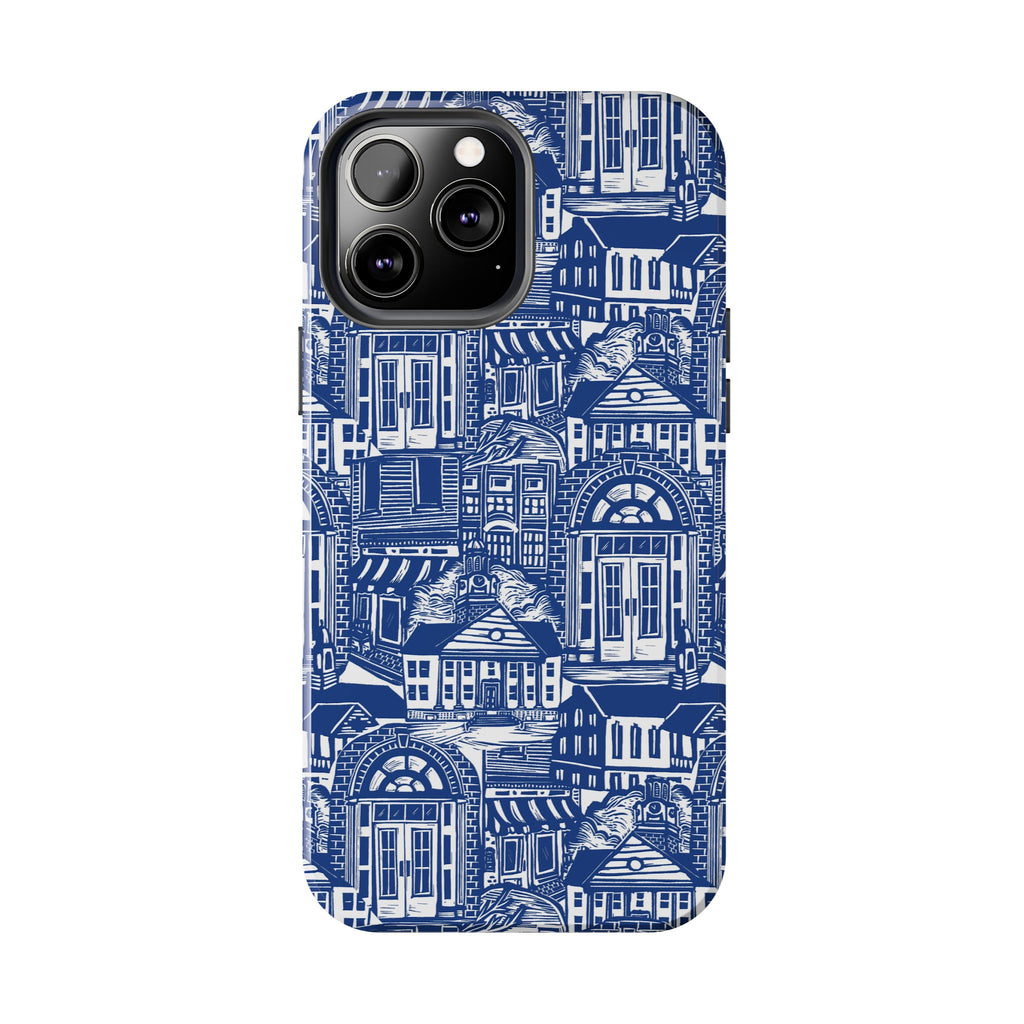 Doorway Cottage Pattern Tough Phone Case — Blue Architectural Houses Protective Cover