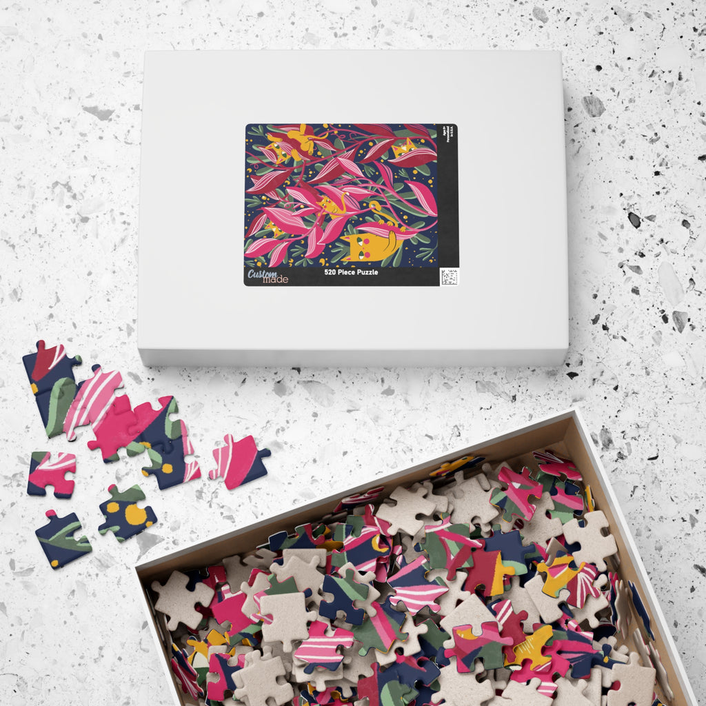 Floral Cats Jigsaw Puzzle — Vibrant Pink Leaves & Hidden Kittens (110–1014 pcs)