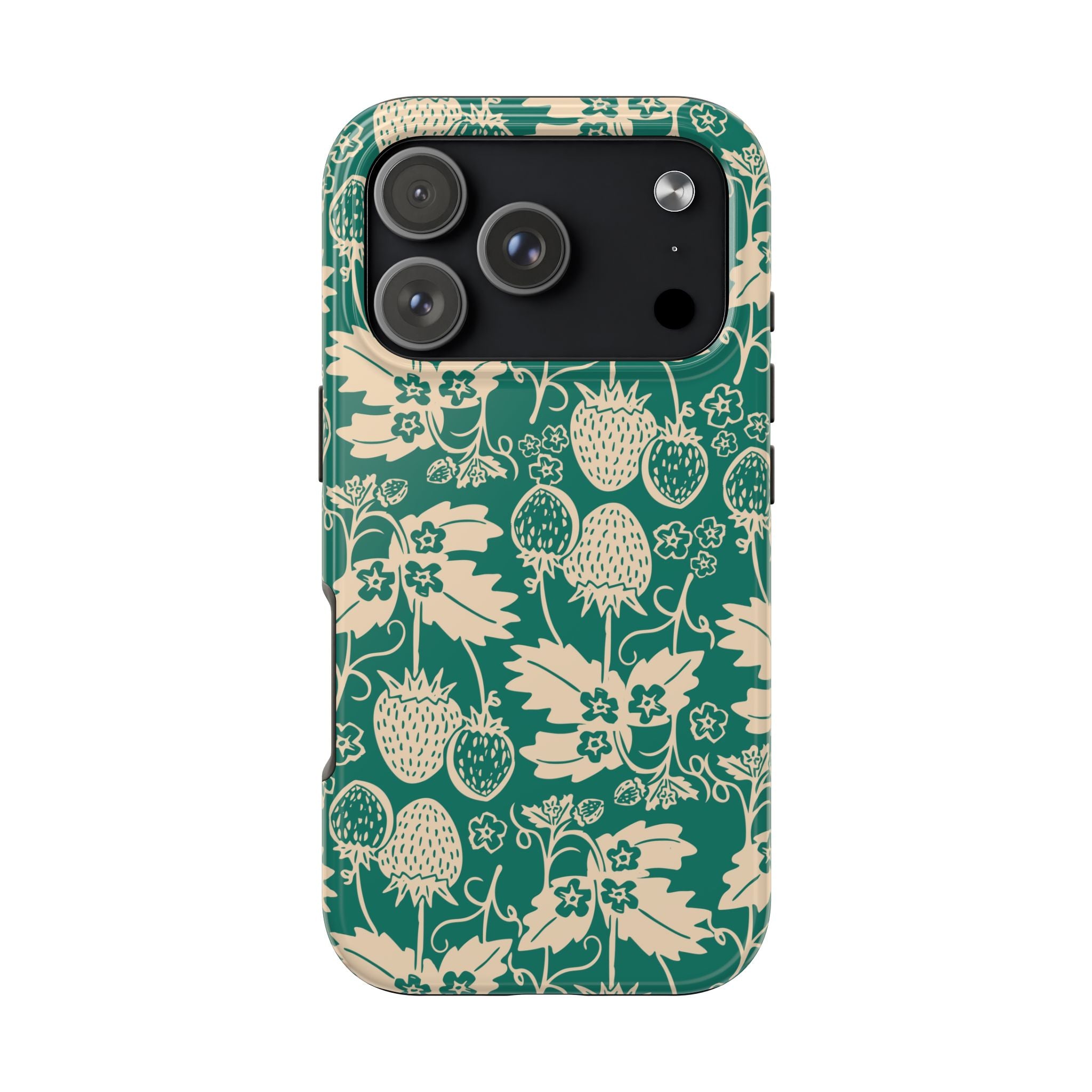 Floral Strawberry Tough Phone Case — Vintage Green Botanical Protection