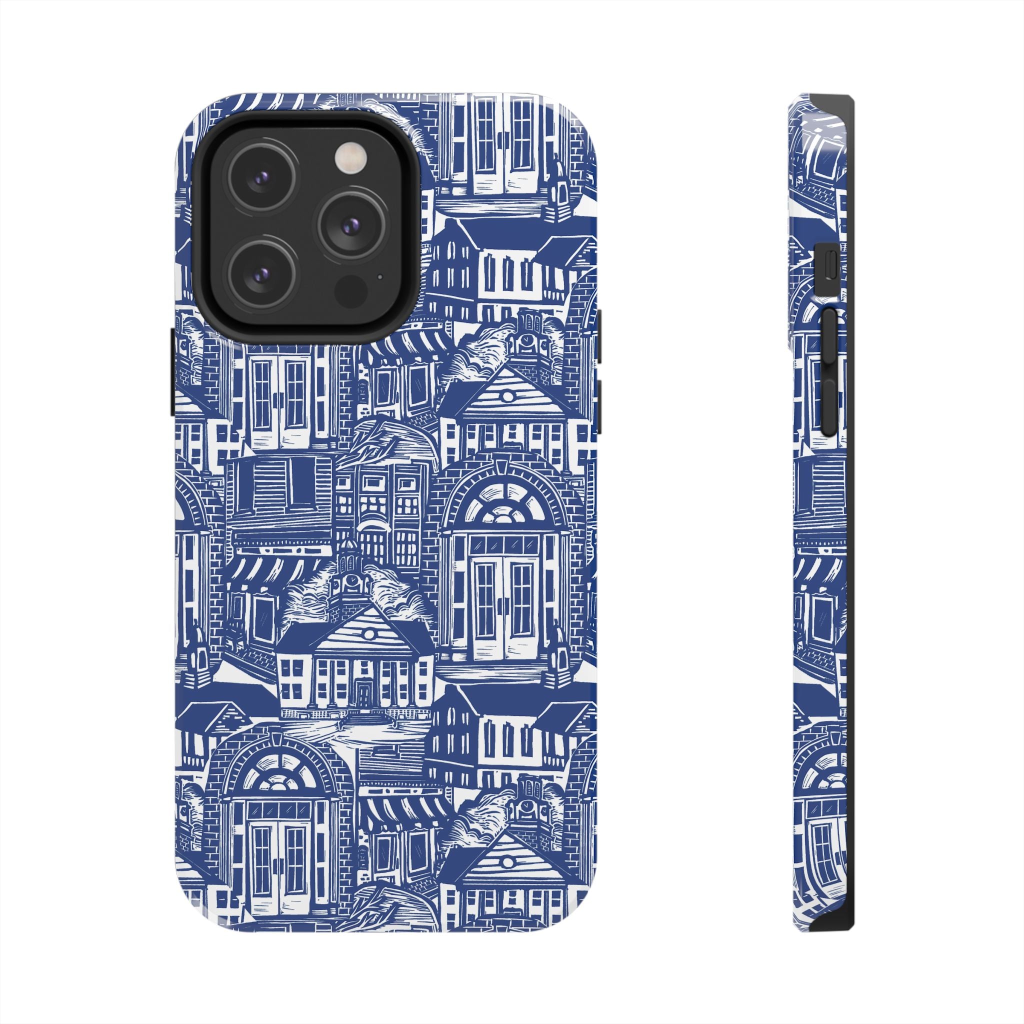 Doorway Cottage Pattern Tough Phone Case — Blue Architectural Houses Protective Cover