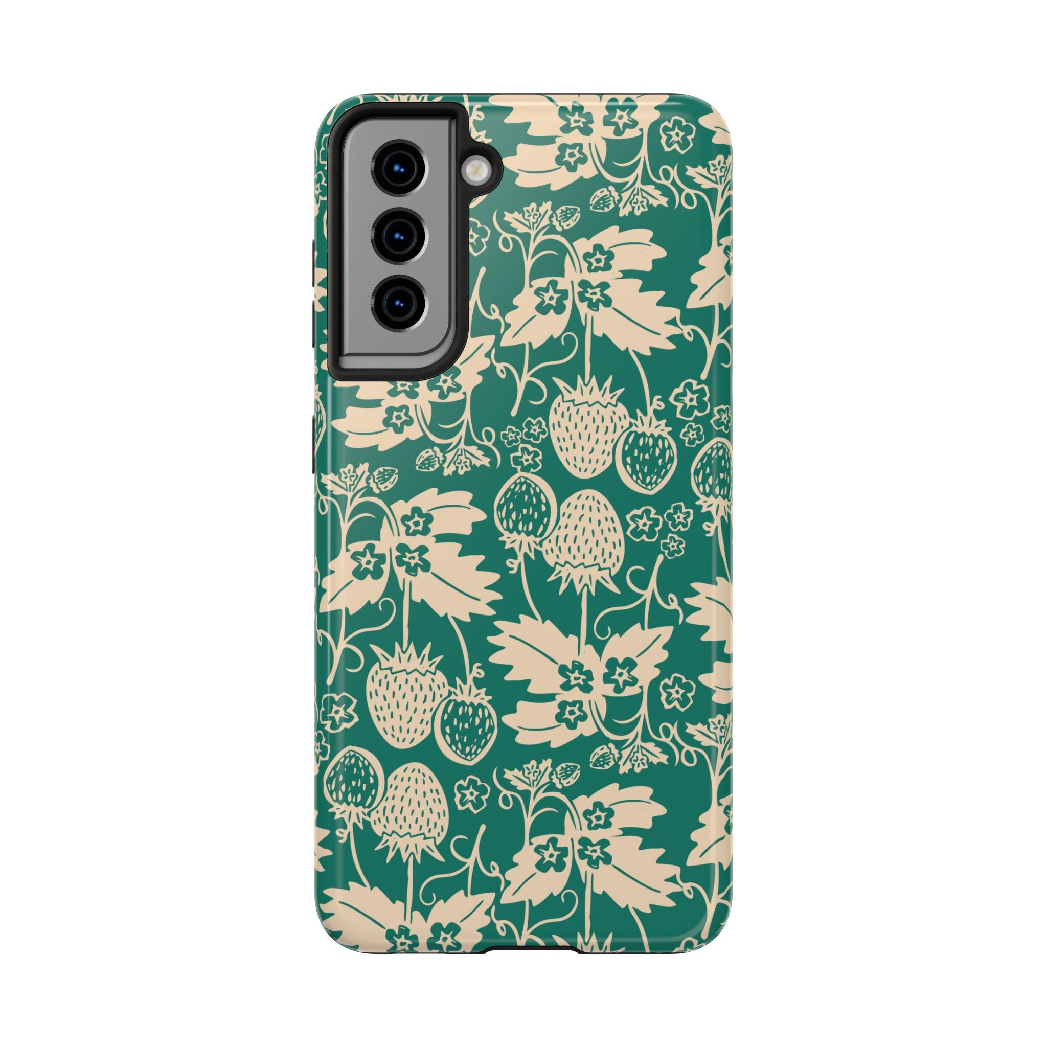 Floral Strawberry Tough Phone Case — Vintage Green Botanical Protection
