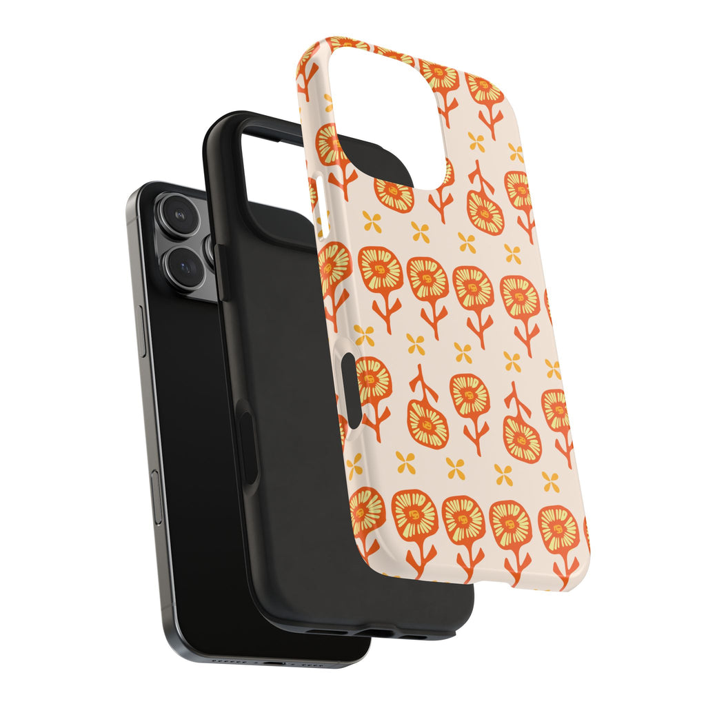 Retro Orange Floral Tough Phone Case — Durable Protective Phone Cover