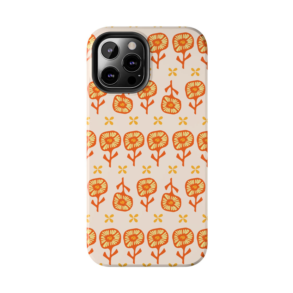 Retro Orange Floral Tough Phone Case — Durable Protective Phone Cover