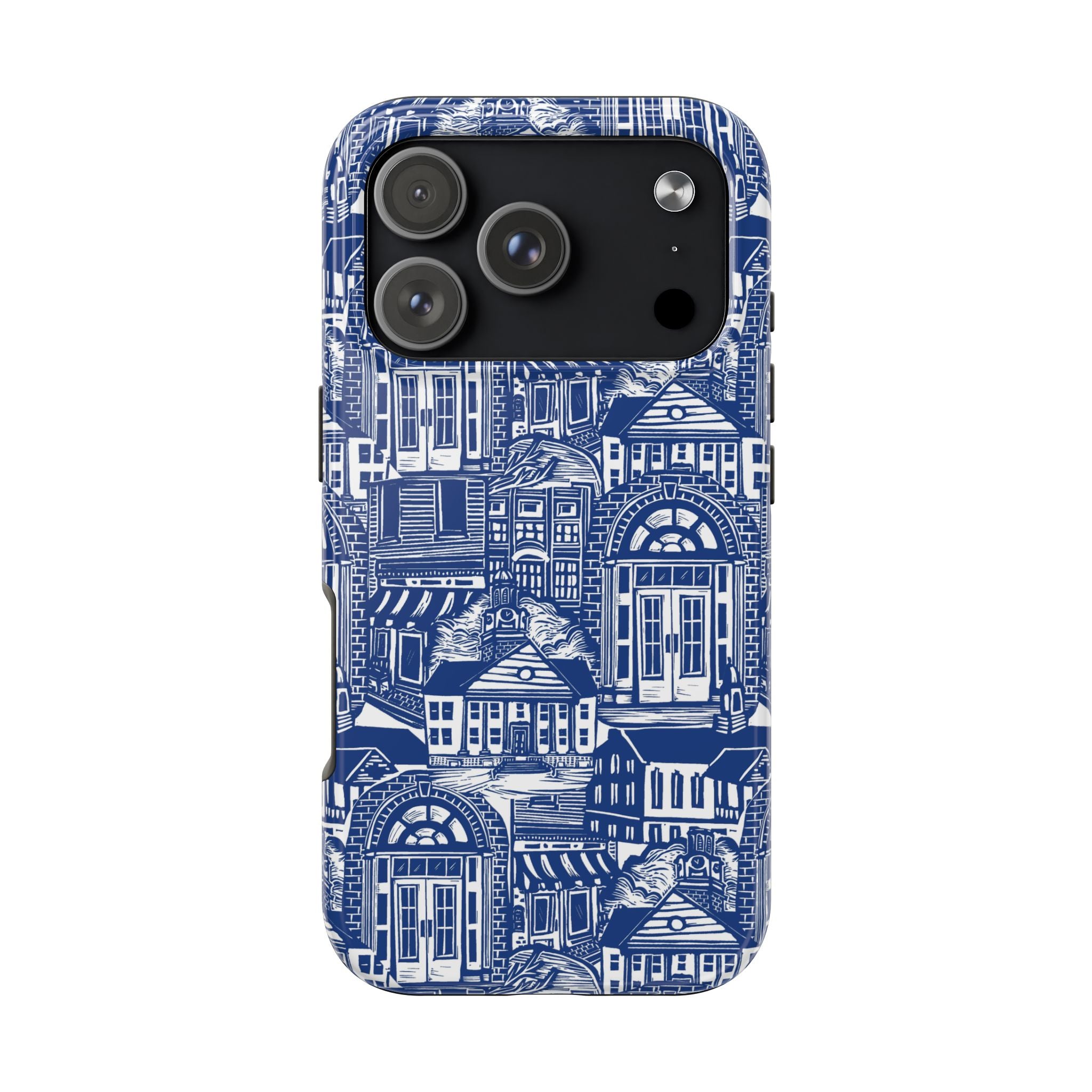 Doorway Cottage Pattern Tough Phone Case — Blue Architectural Houses Protective Cover