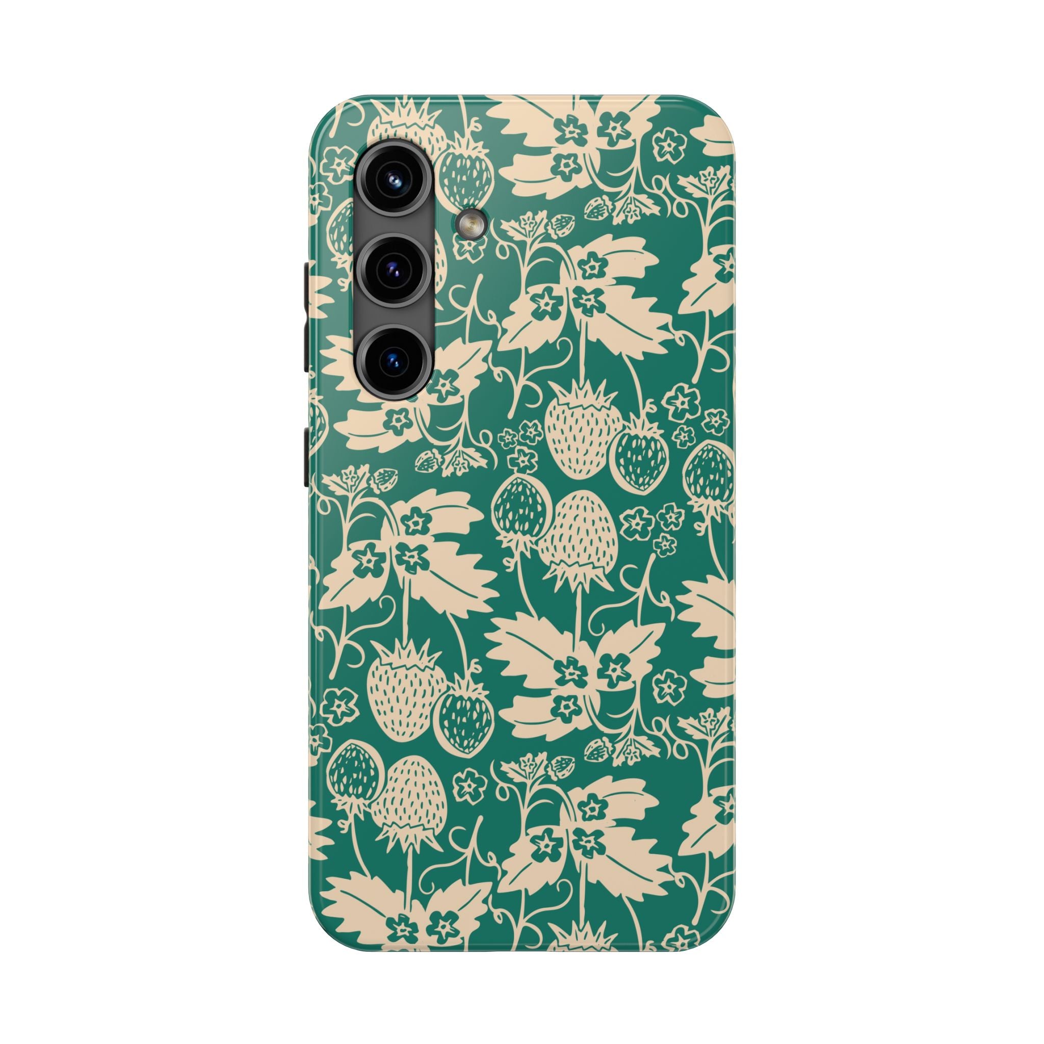 Floral Strawberry Tough Phone Case — Vintage Green Botanical Protection