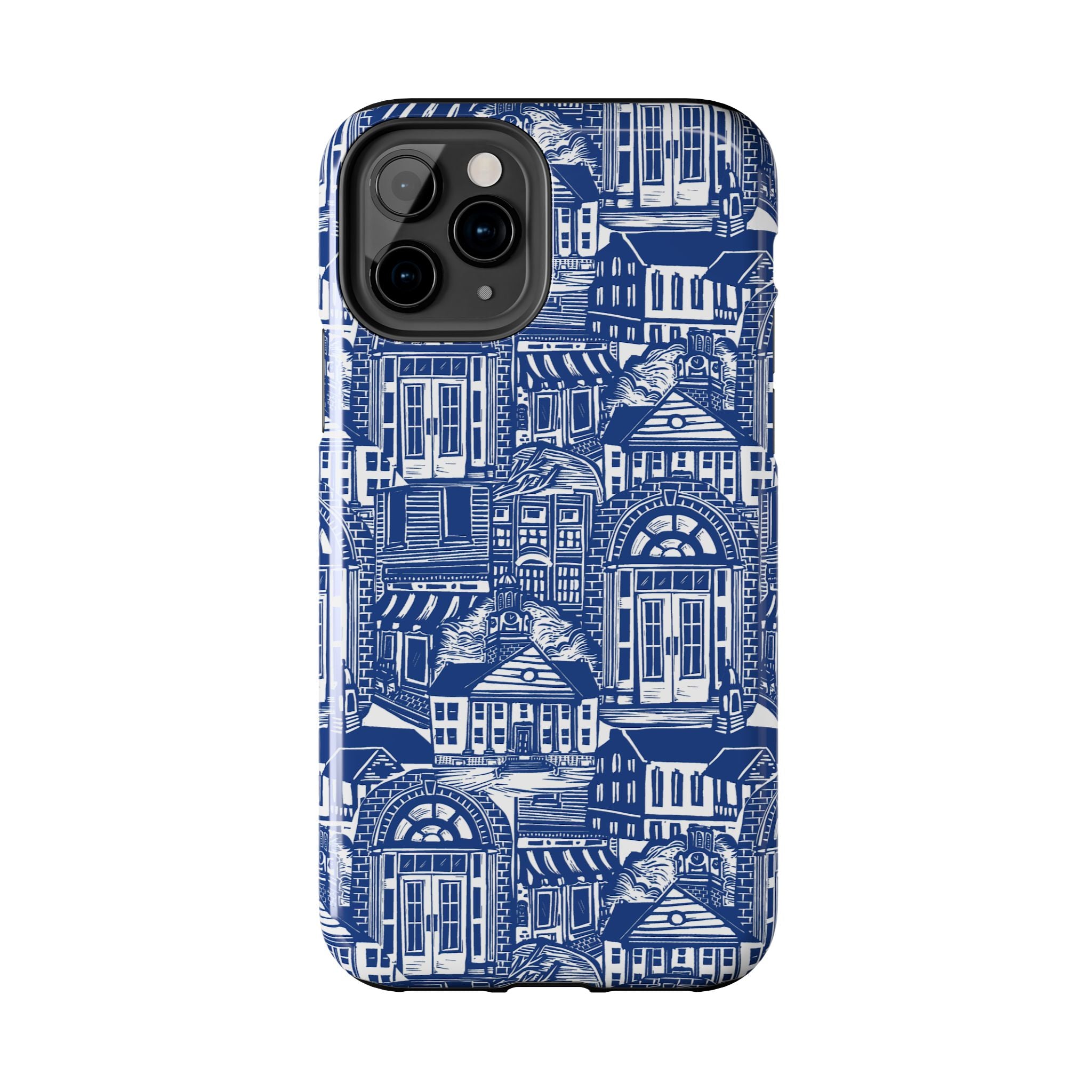 Doorway Cottage Pattern Tough Phone Case — Blue Architectural Houses Protective Cover