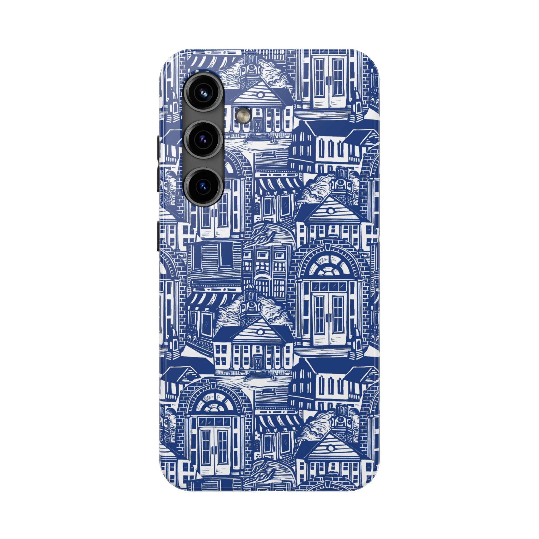 Doorway Cottage Pattern Tough Phone Case — Blue Architectural Houses Protective Cover
