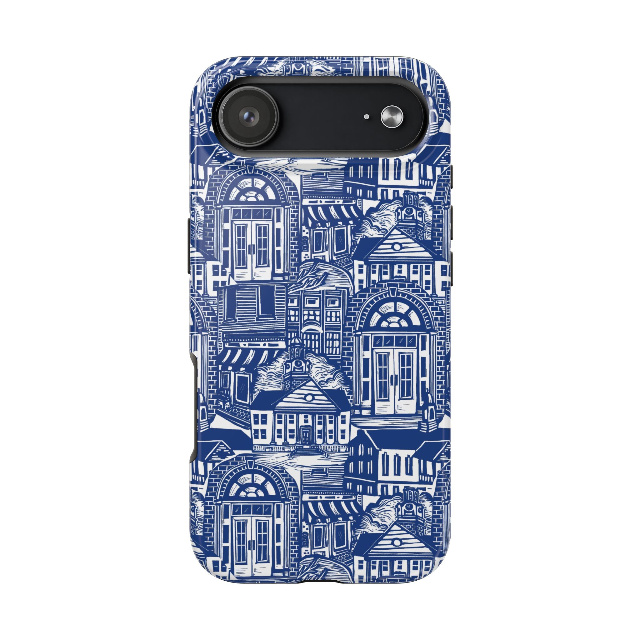 Doorway Cottage Pattern Tough Phone Case — Blue Architectural Houses Protective Cover