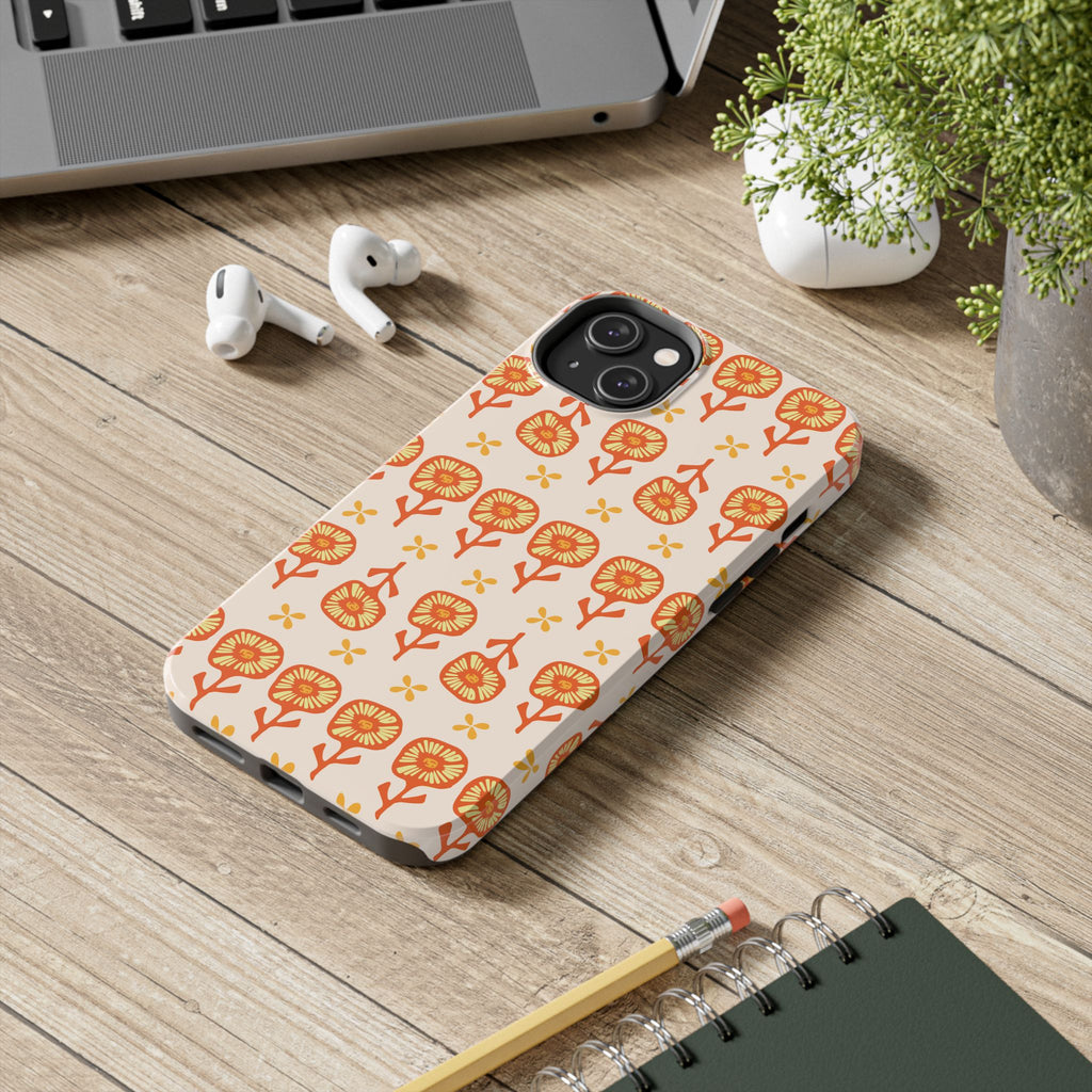Retro Orange Floral Tough Phone Case — Durable Protective Phone Cover