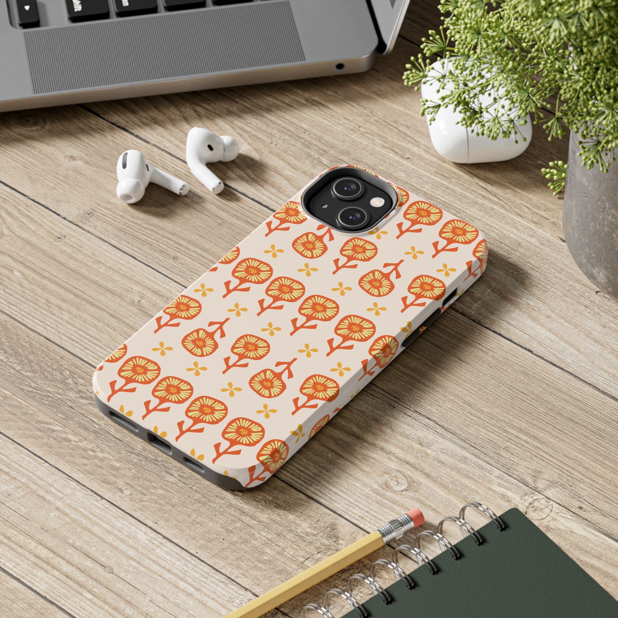Retro Orange Floral Tough Phone Case — Durable Protective Phone Cover