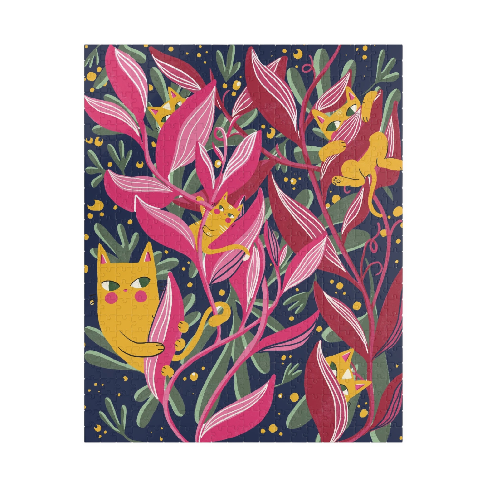 Floral Cats Jigsaw Puzzle — Vibrant Pink Leaves & Hidden Kittens (110–1014 pcs)