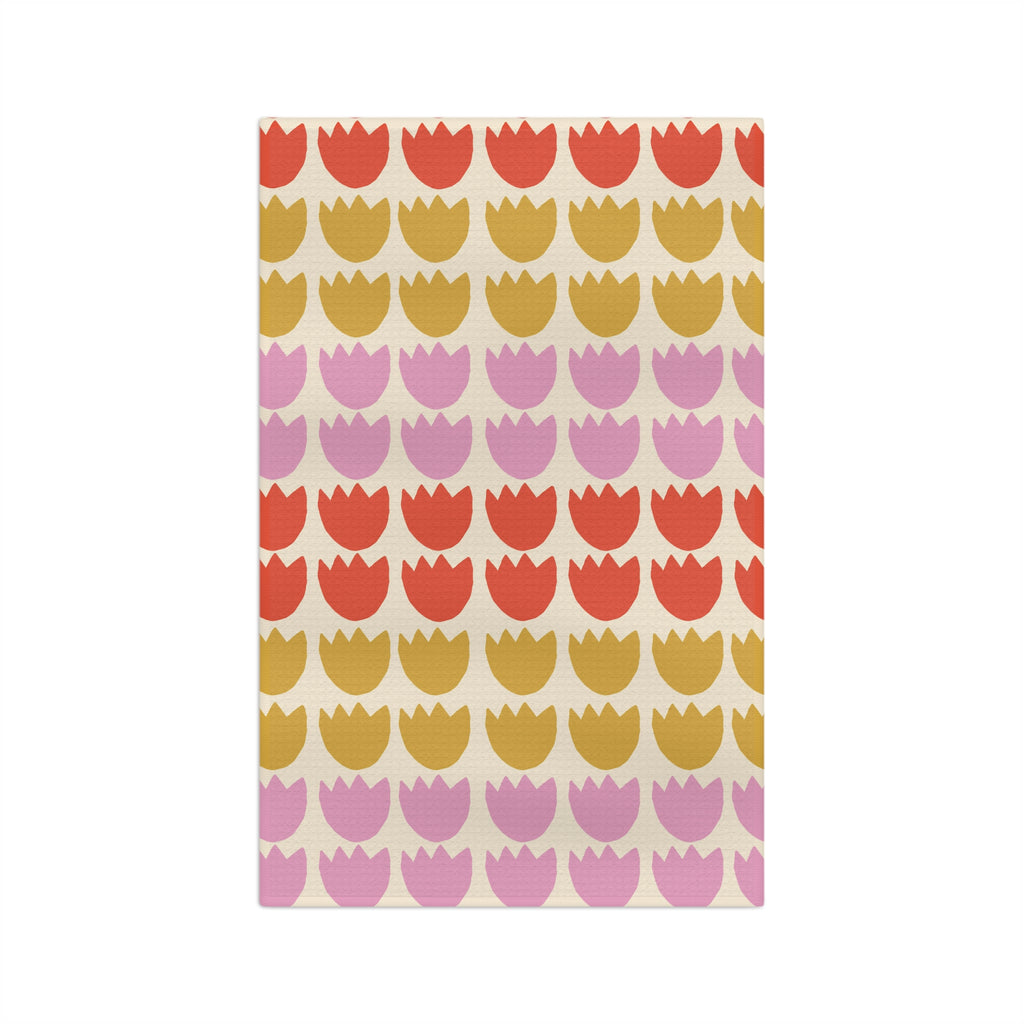 Tulip Pattern Microfiber Tea Towel — Retro Pink, Coral & Mustard Kitchen Towel