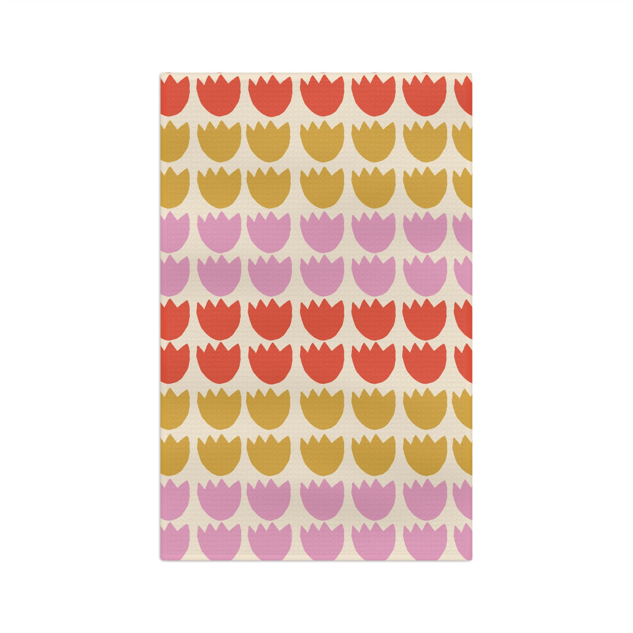 Tulip Pattern Microfiber Tea Towel — Retro Pink, Coral & Mustard Kitchen Towel