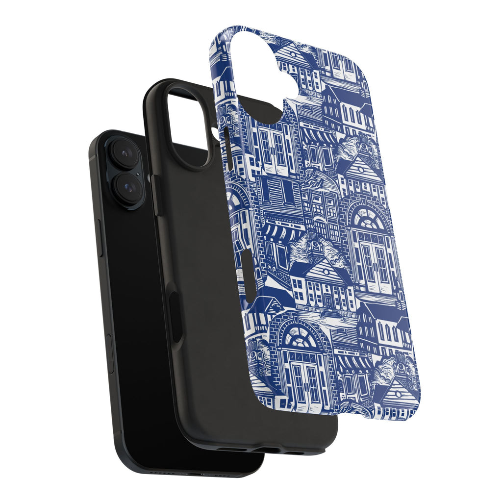 Doorway Cottage Pattern Tough Phone Case — Blue Architectural Houses Protective Cover
