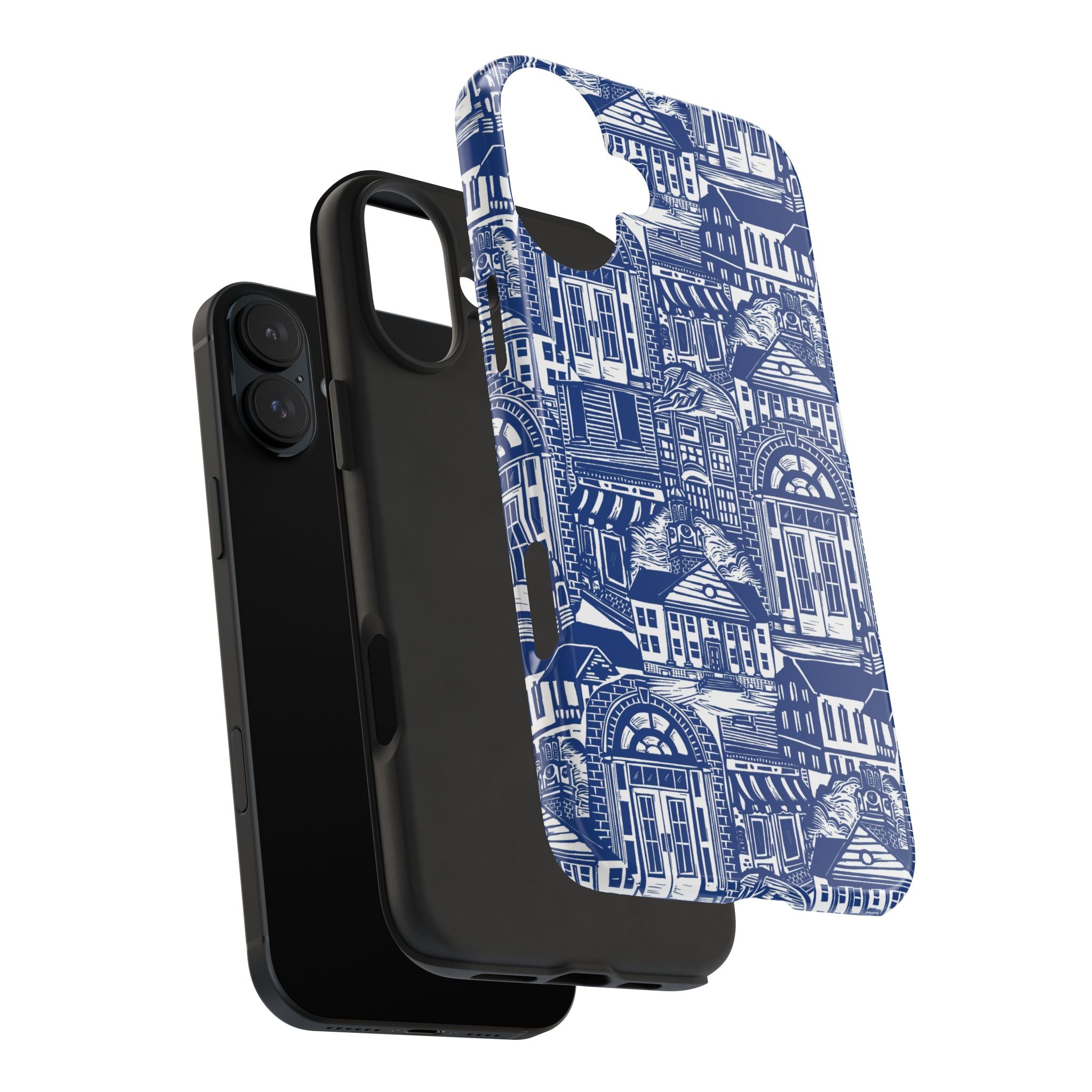 Doorway Cottage Pattern Tough Phone Case — Blue Architectural Houses Protective Cover