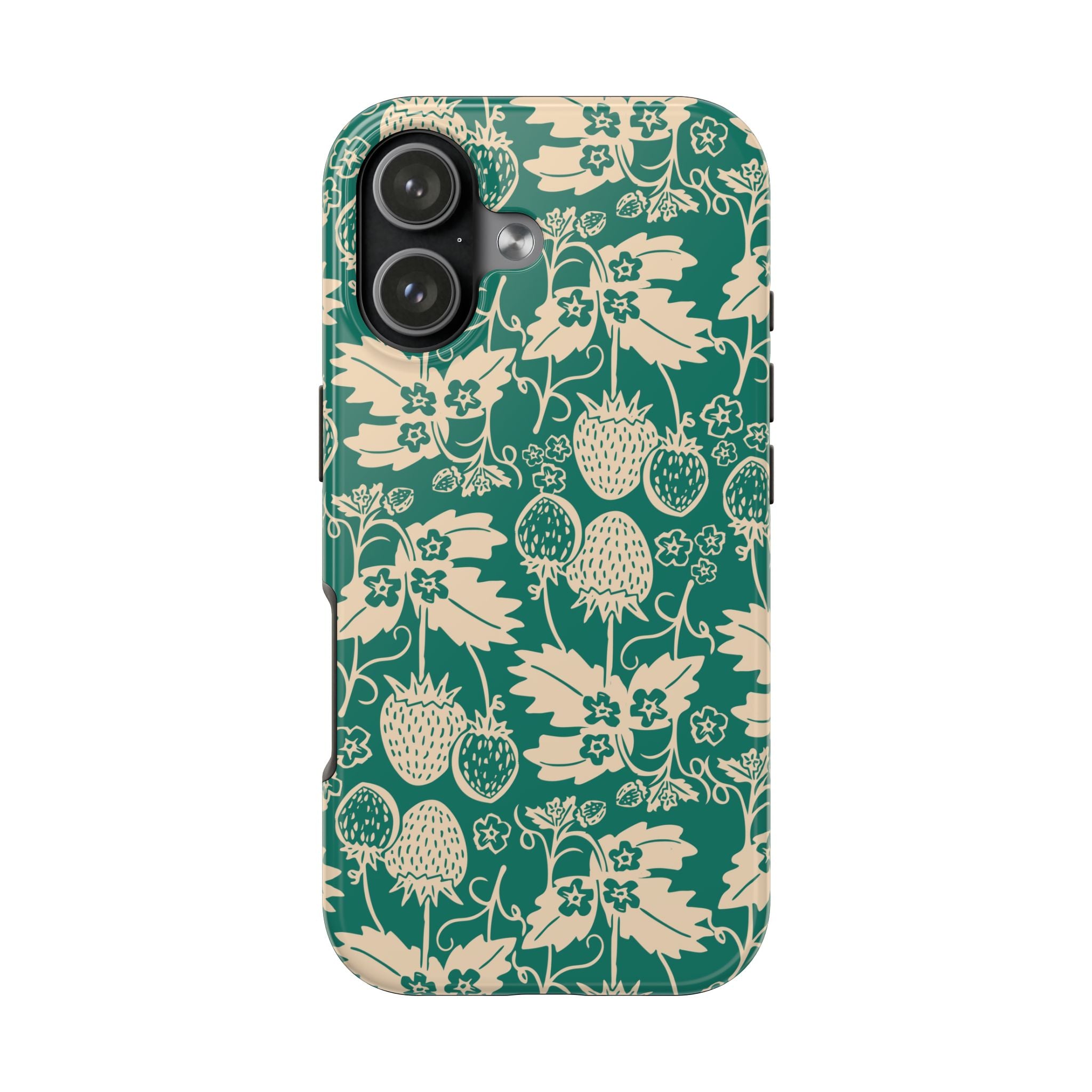 Floral Strawberry Tough Phone Case — Vintage Green Botanical Protection