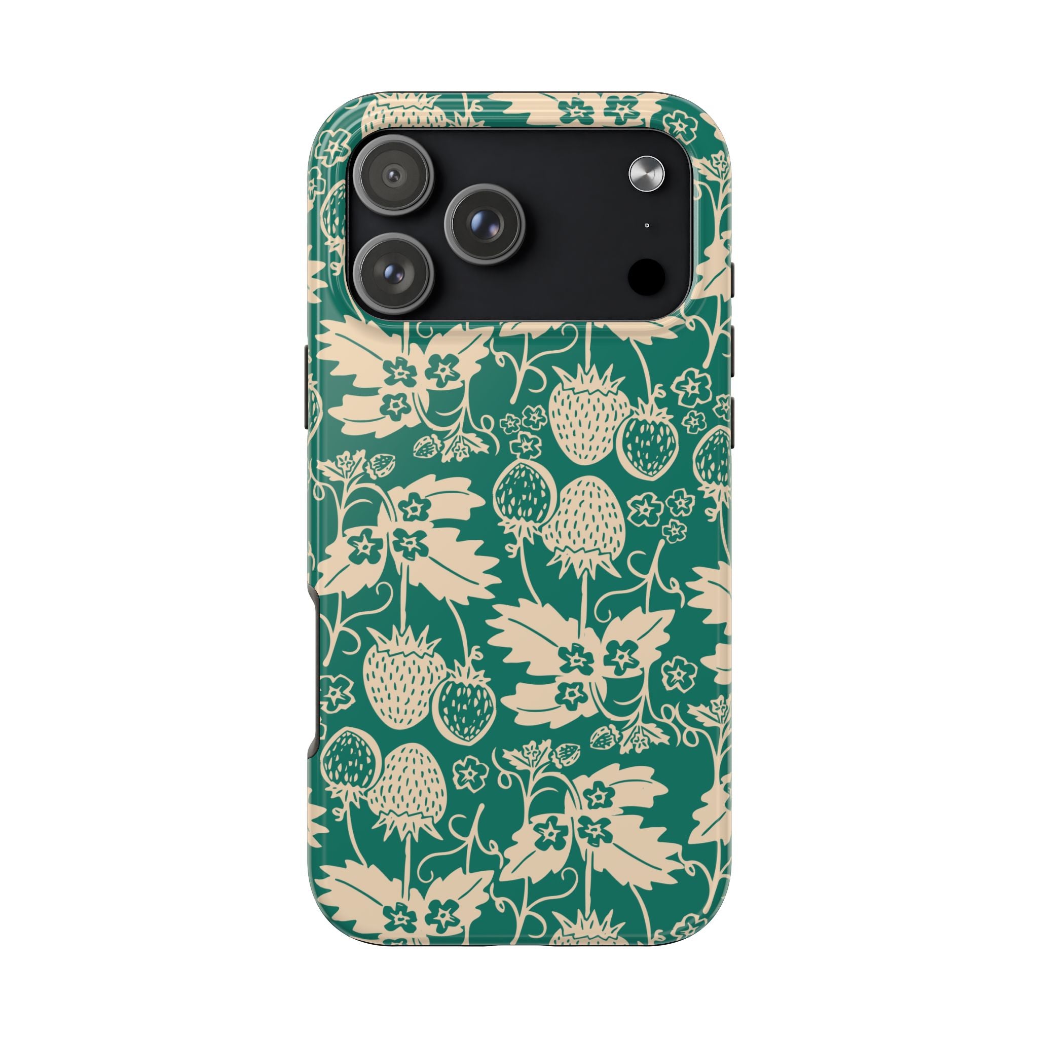 Floral Strawberry Tough Phone Case — Vintage Green Botanical Protection