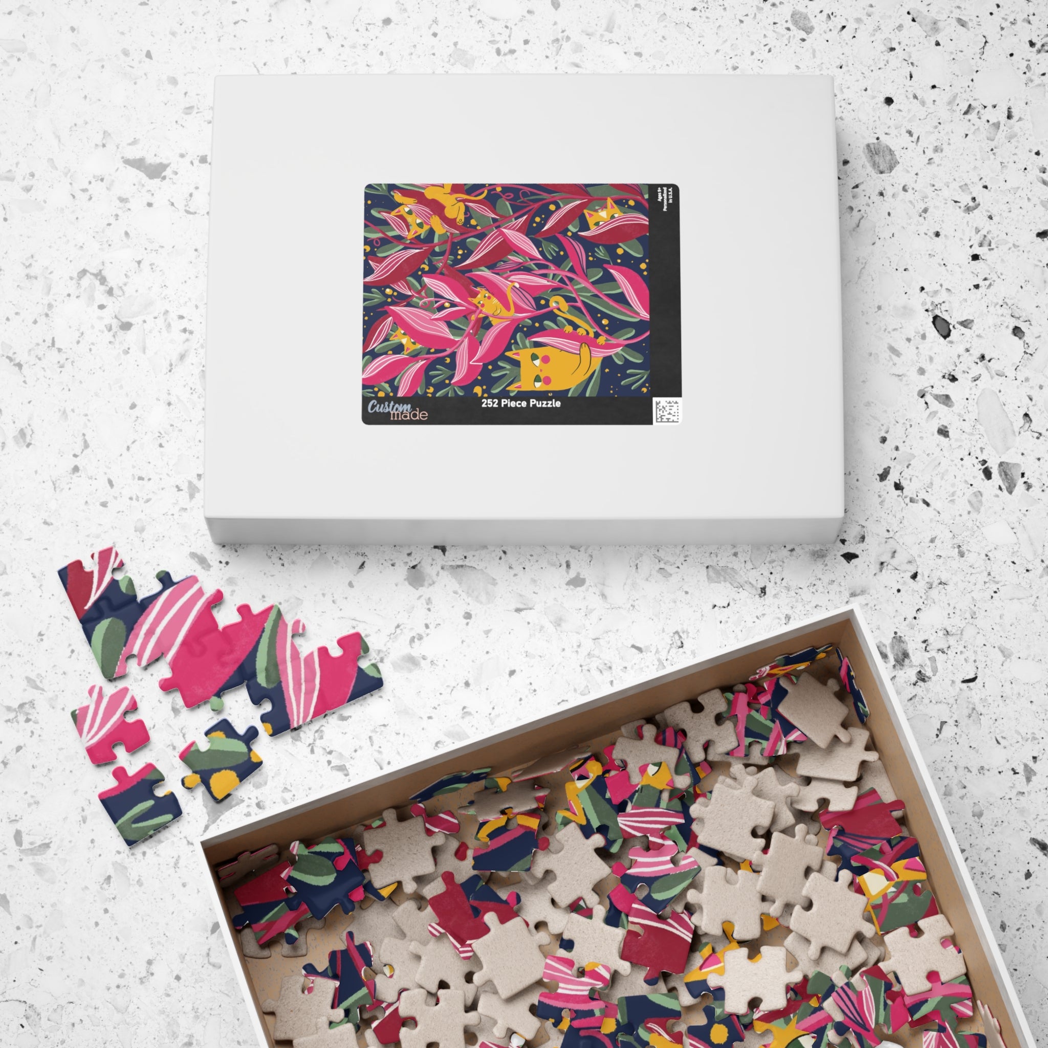 Floral Cats Jigsaw Puzzle — Vibrant Pink Leaves & Hidden Kittens (110–1014 pcs)