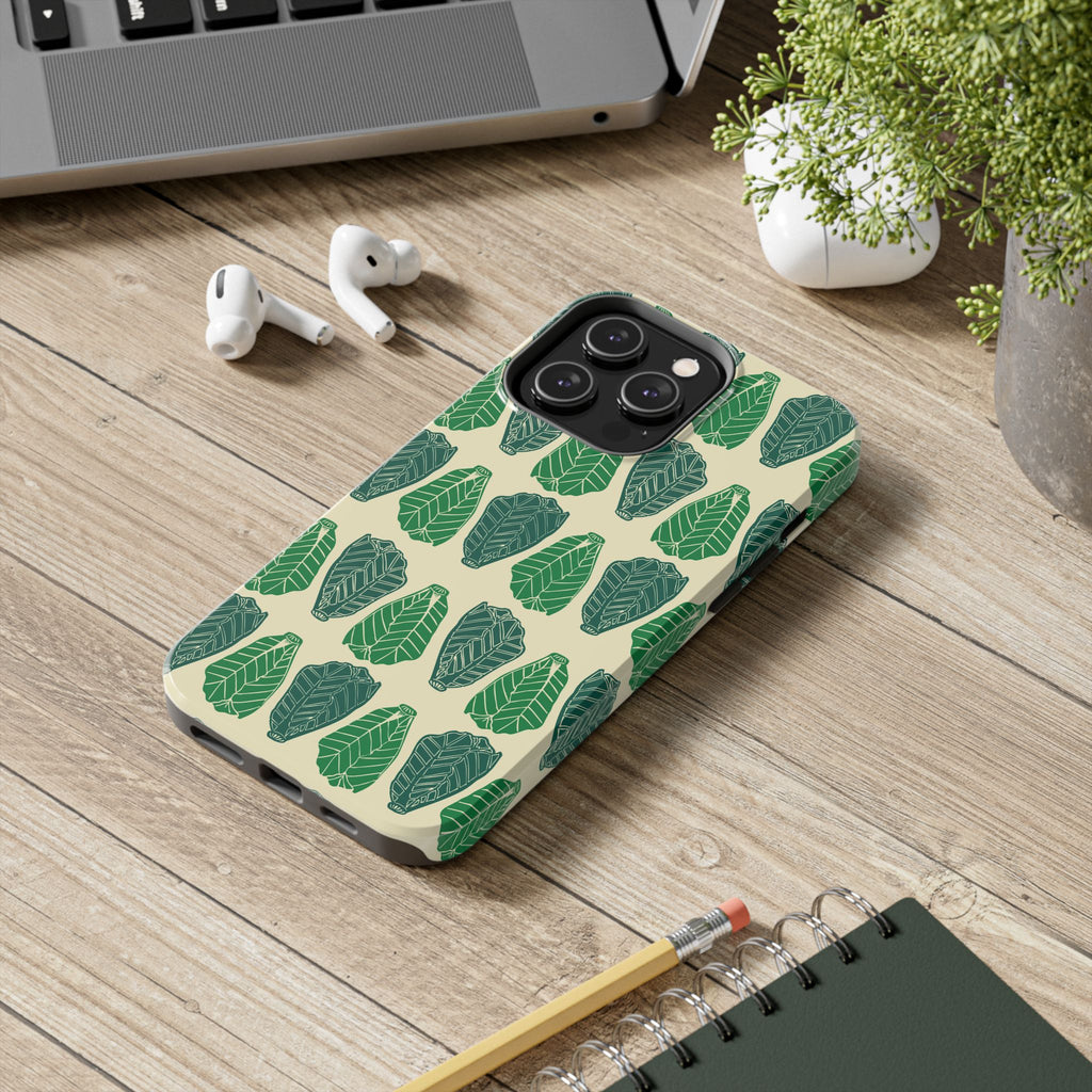Leaf Pattern Tough Phone Case — Green Botanical Protective Phone Cover