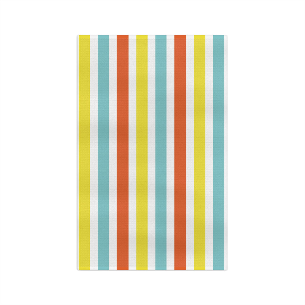 Striped Microfiber Tea Towel — Retro Coastal Blue, Coral & Yellow Kitchen Towel