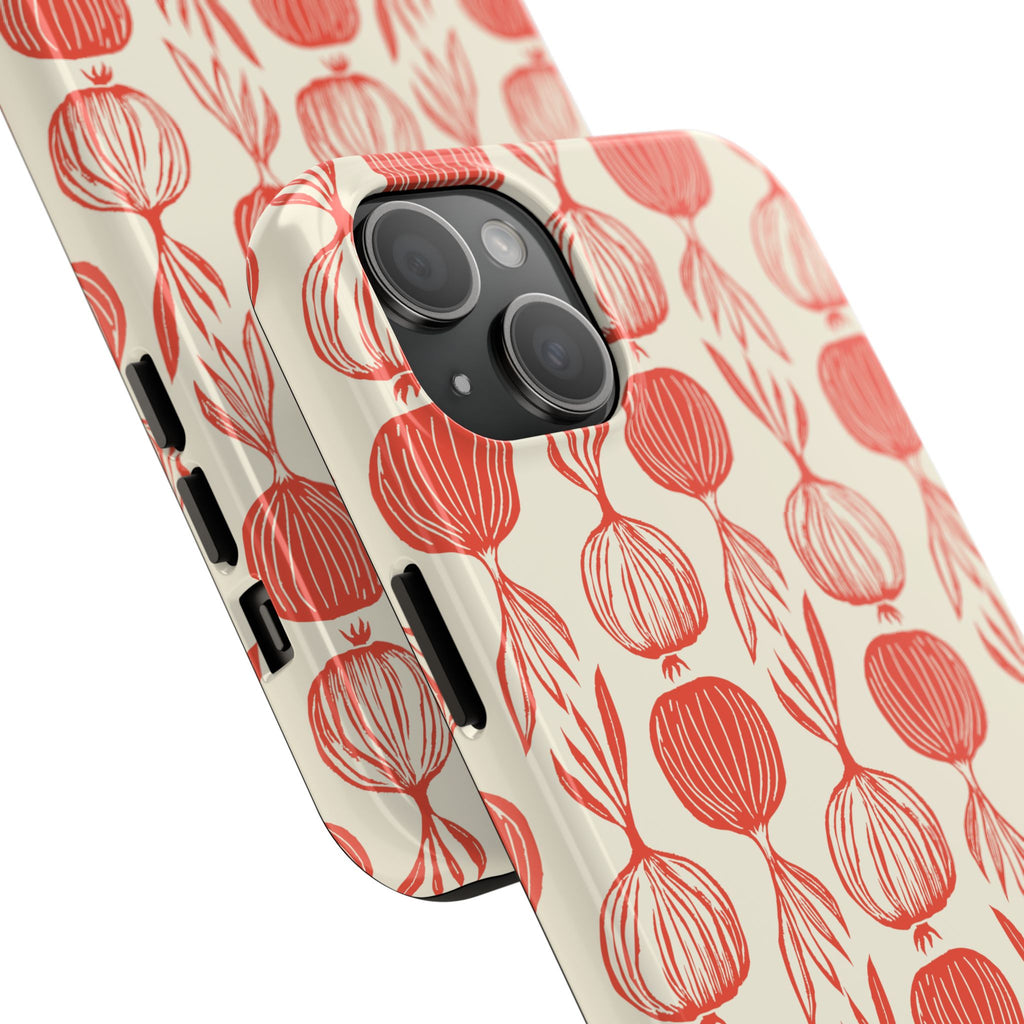 Floral Onion Pattern Tough Phone Case — Red Botanical Protective Phone Cover