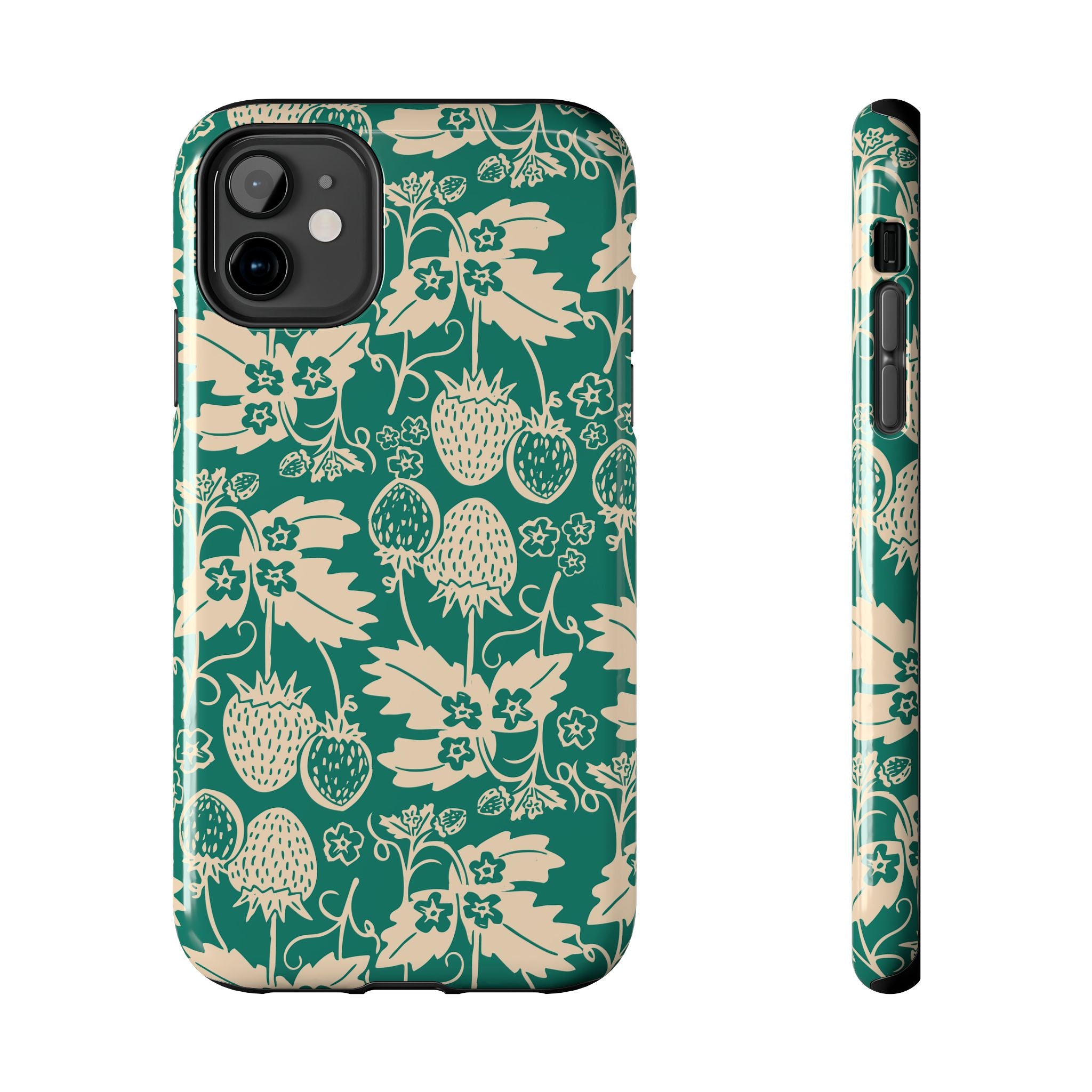 Floral Strawberry Tough Phone Case — Vintage Green Botanical Protection
