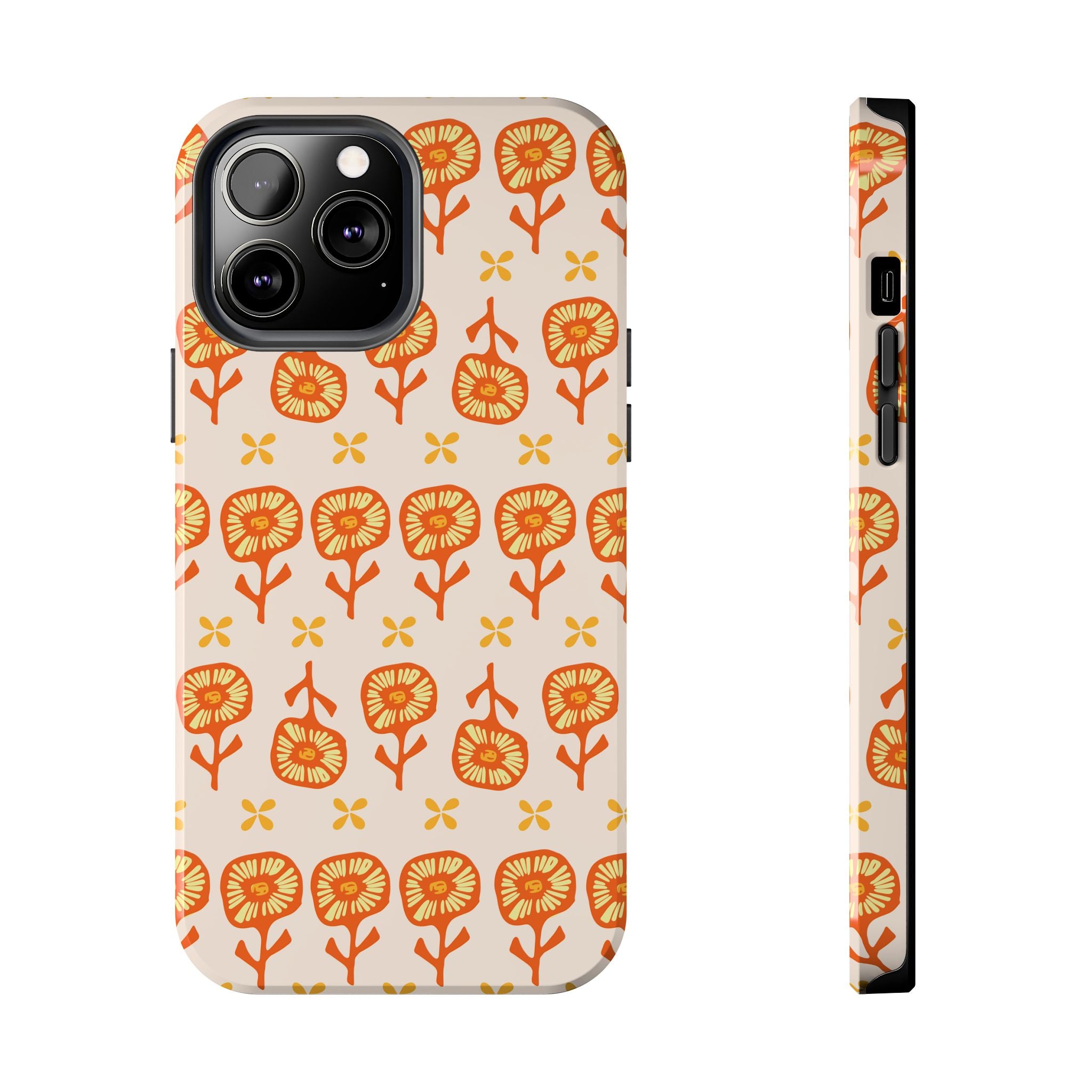 Retro Orange Floral Tough Phone Case — Durable Protective Phone Cover