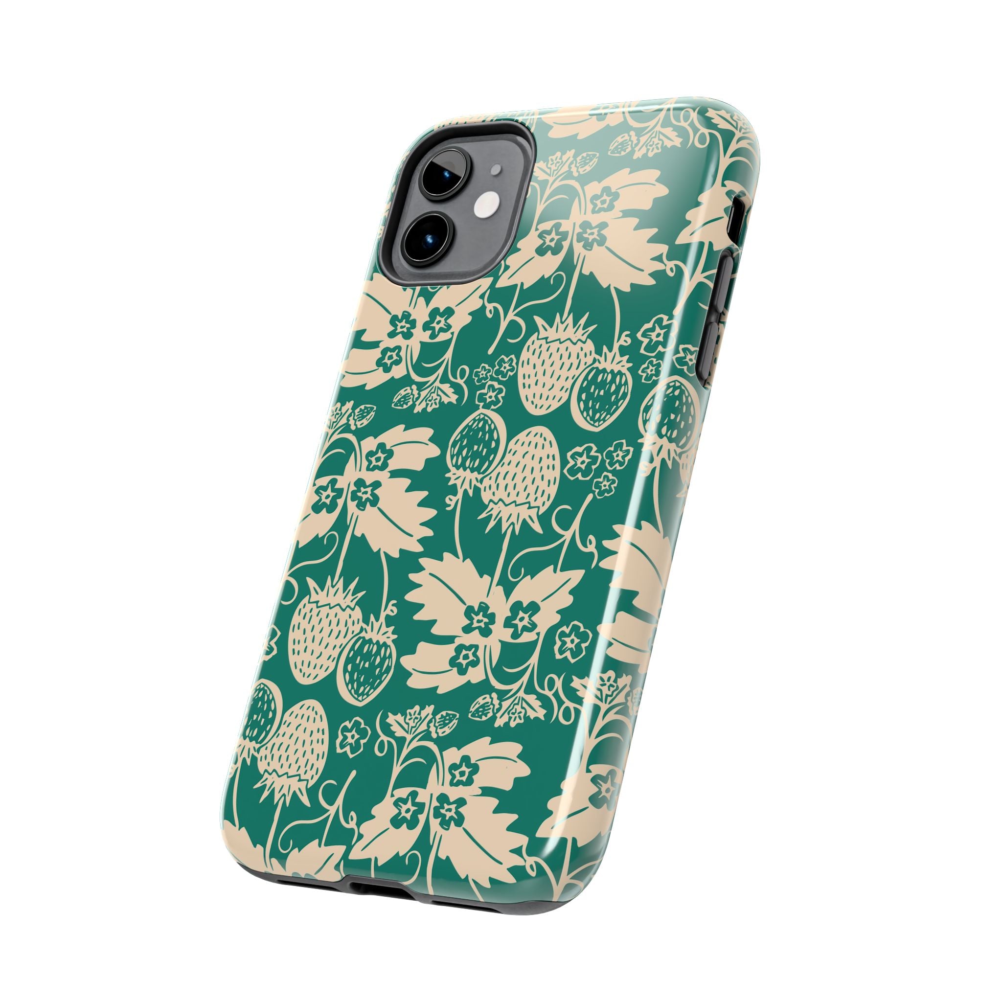 Floral Strawberry Tough Phone Case — Vintage Green Botanical Protection