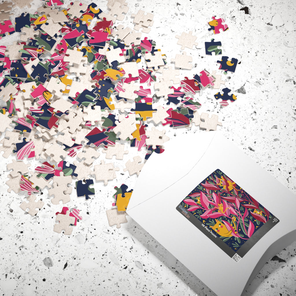 Floral Cats Jigsaw Puzzle — Vibrant Pink Leaves & Hidden Kittens (110–1014 pcs)
