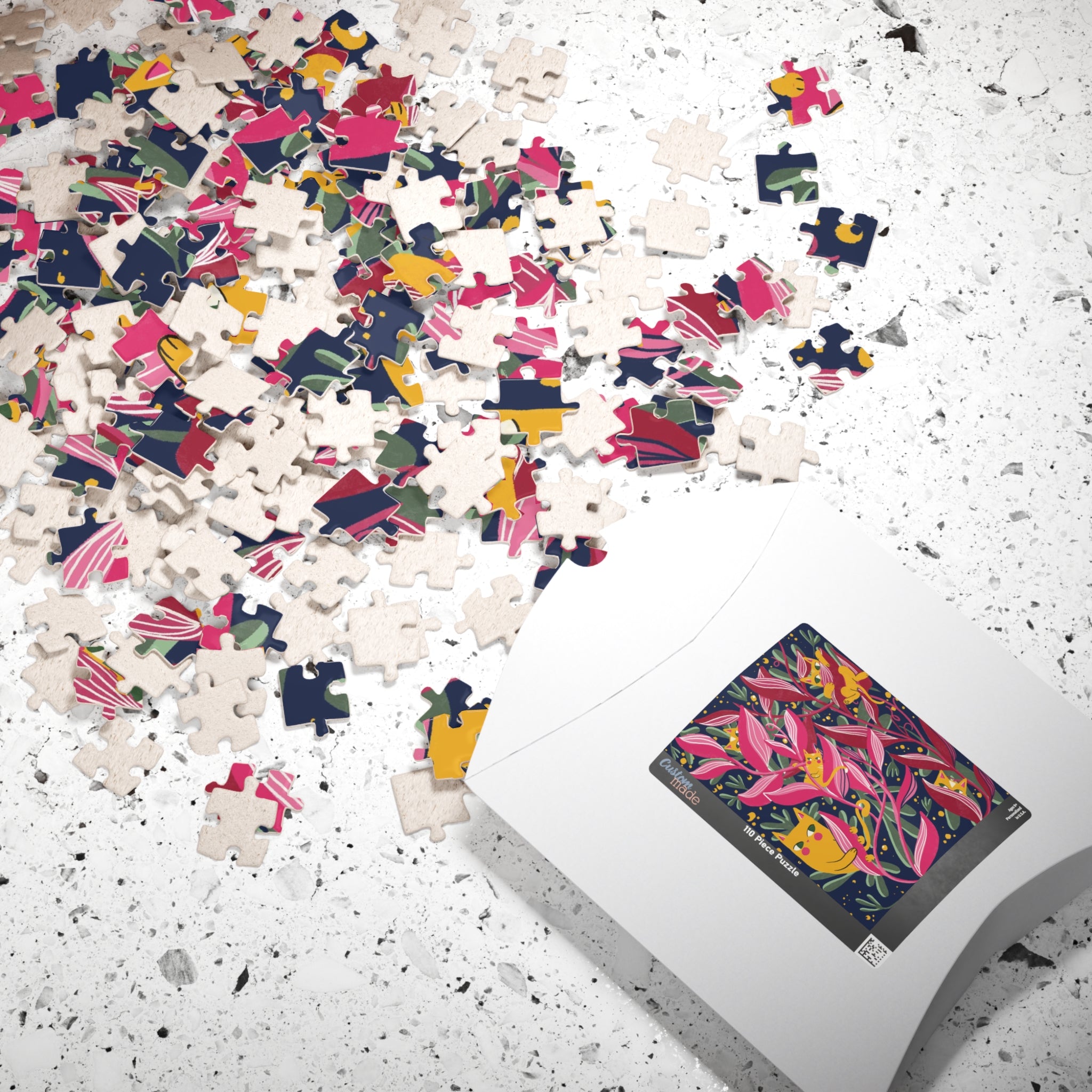 Floral Cats Jigsaw Puzzle — Vibrant Pink Leaves & Hidden Kittens (110–1014 pcs)