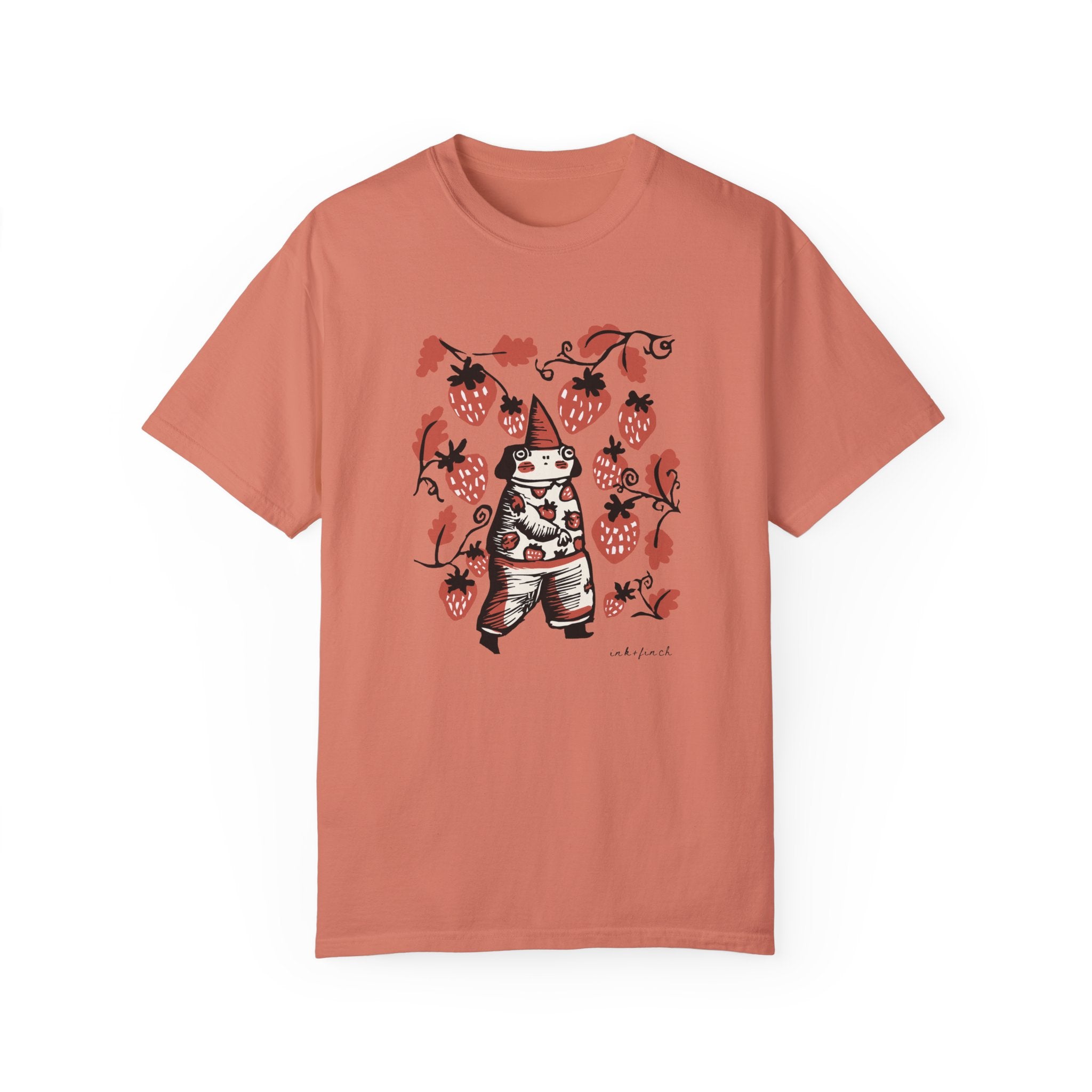 Cute Frog Gnome and Strawberry Graphic T-Shirt - Funny Goblincore Summer Tshirt