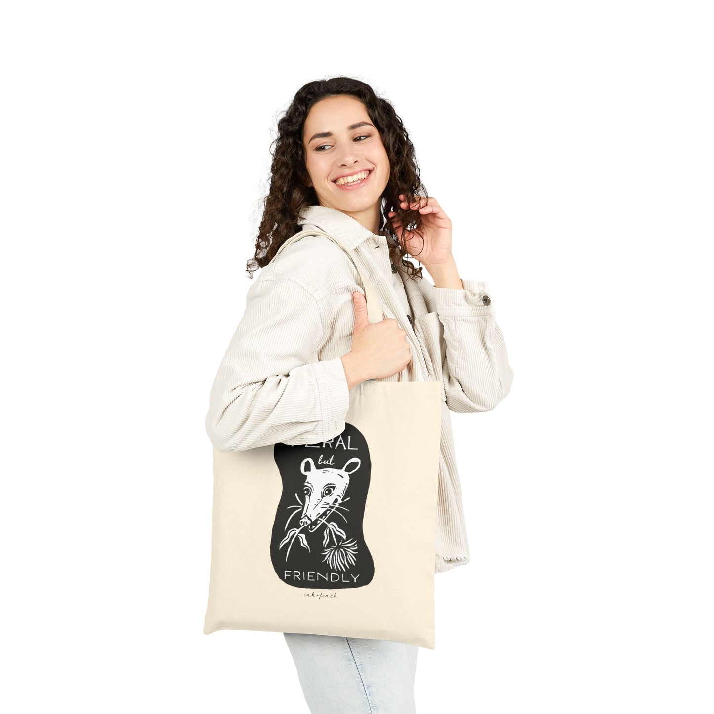 Graphic Cotton Canvas Tote Bag - Feral but Friendly Opossum Design for Feral Girl Summer - Funny Tote Bags
