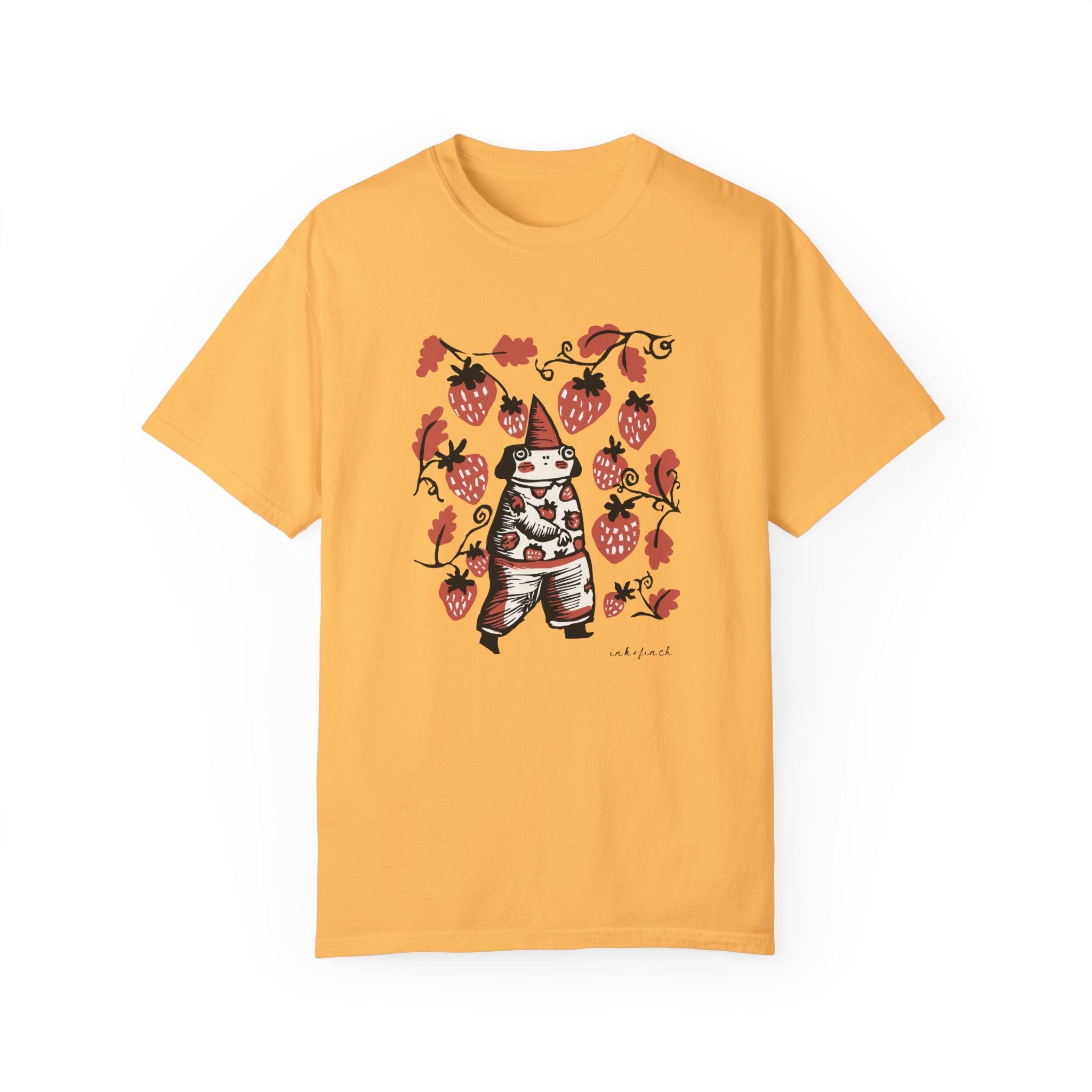 Cute Frog Gnome and Strawberry Graphic T-Shirt - Funny Goblincore Summer Tshirt