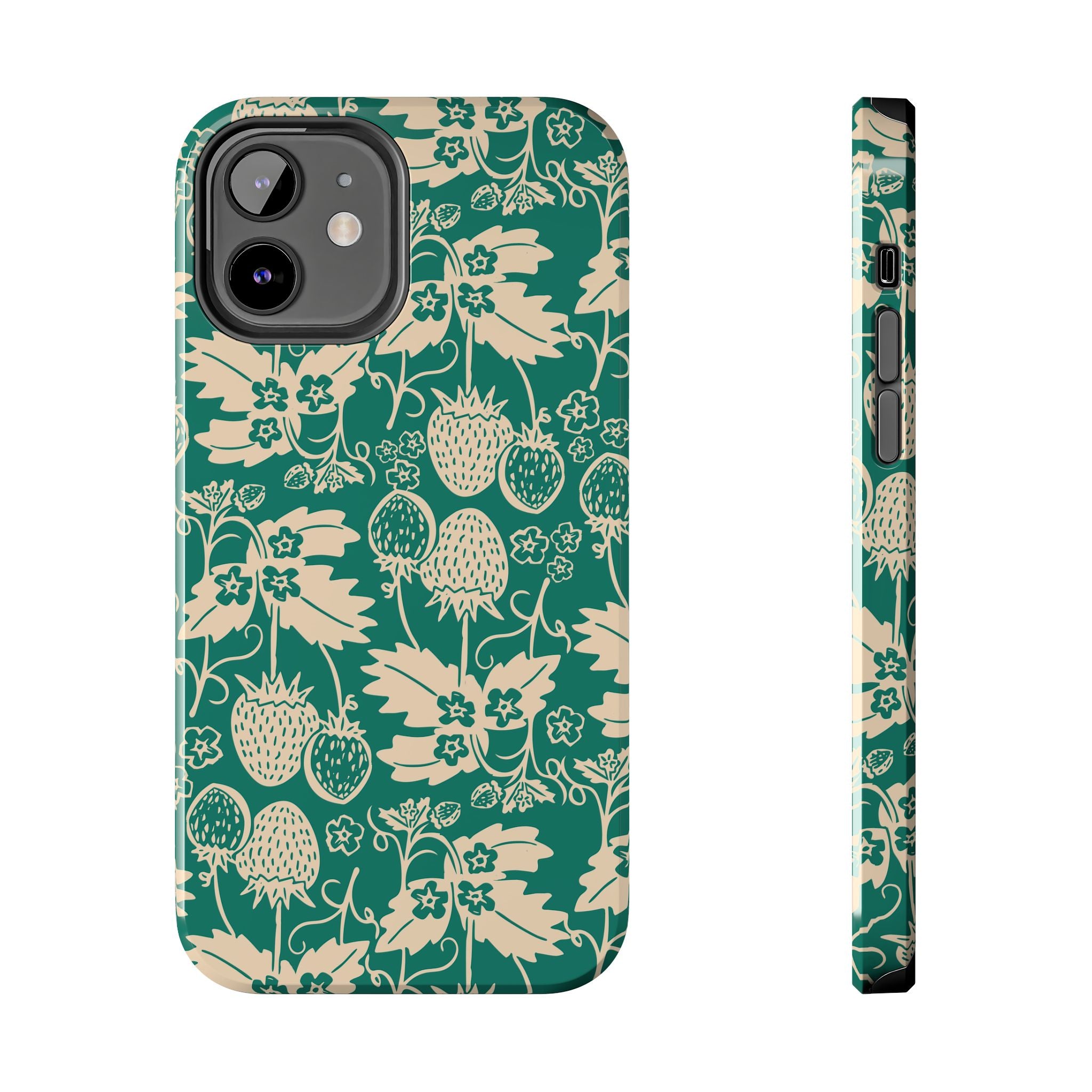 Floral Strawberry Tough Phone Case — Vintage Green Botanical Protection