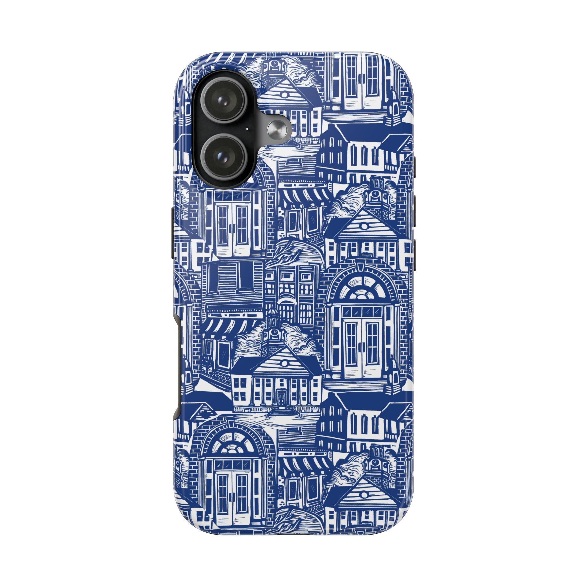 Doorway Cottage Pattern Tough Phone Case — Blue Architectural Houses Protective Cover