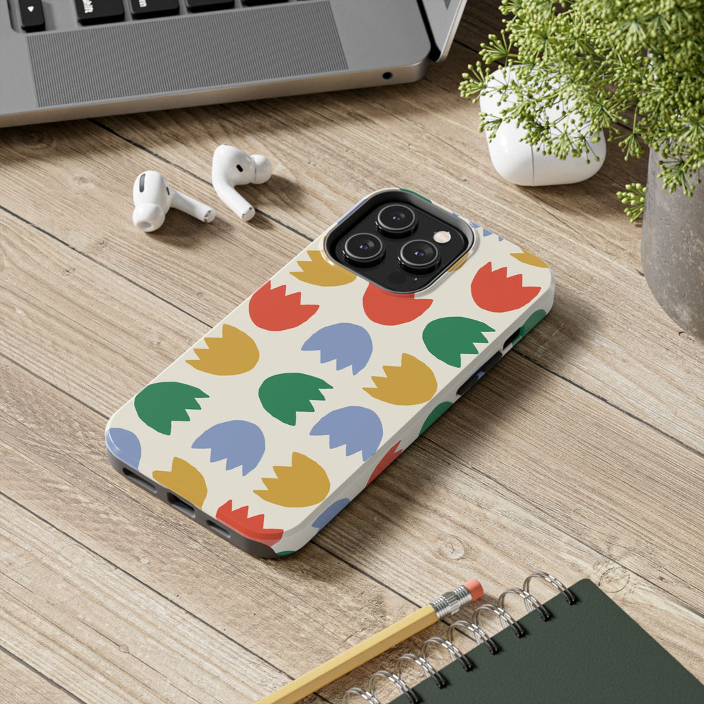 Tough Phone Case — Retro Tulip Pattern Green Floral Protective Cover