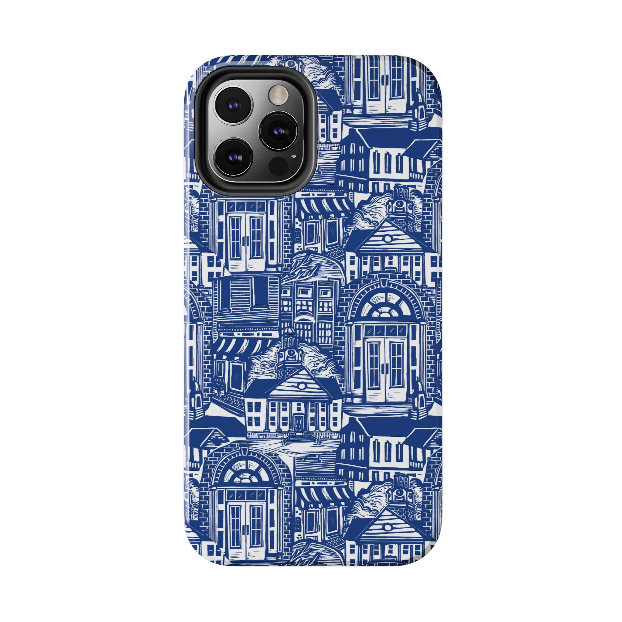 Doorway Cottage Pattern Tough Phone Case — Blue Architectural Houses Protective Cover
