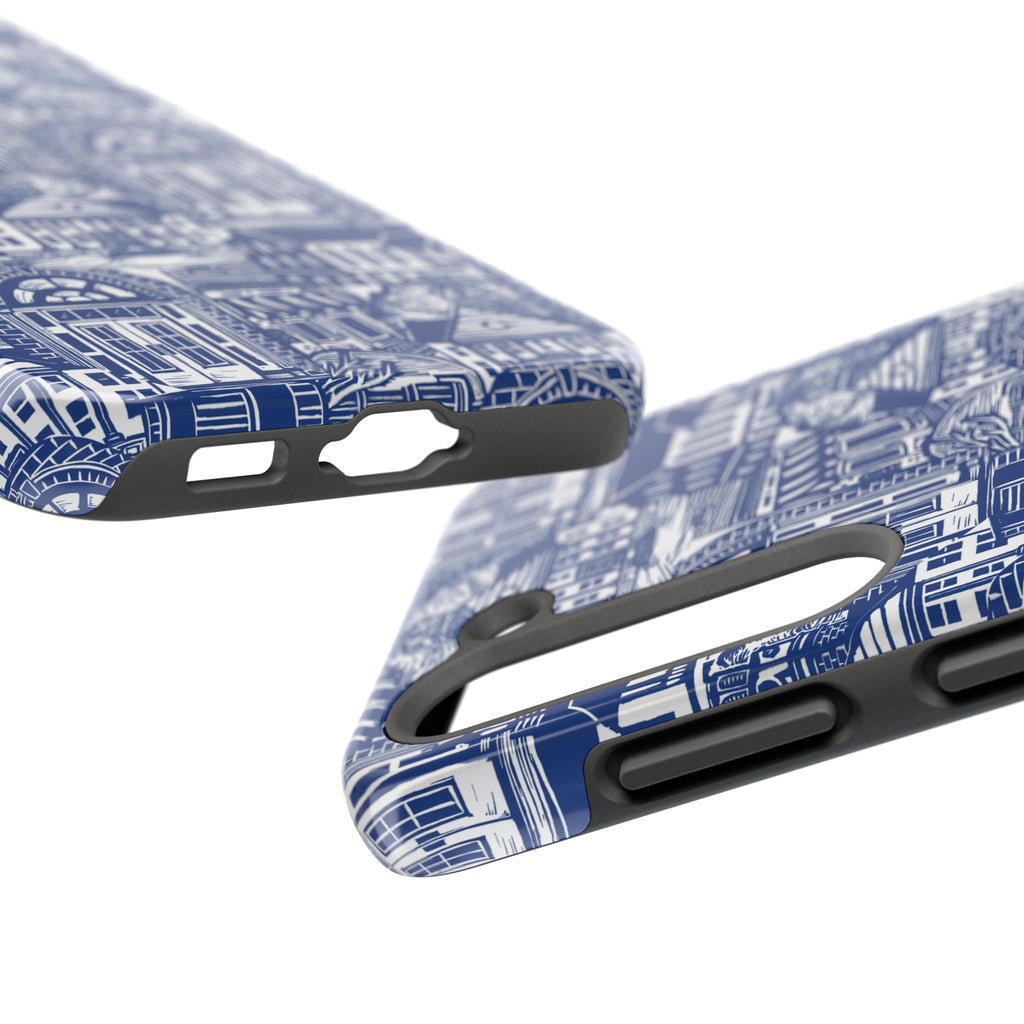 Doorway Cottage Pattern Tough Phone Case — Blue Architectural Houses Protective Cover