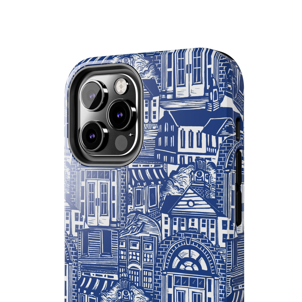 Doorway Cottage Pattern Tough Phone Case — Blue Architectural Houses Protective Cover