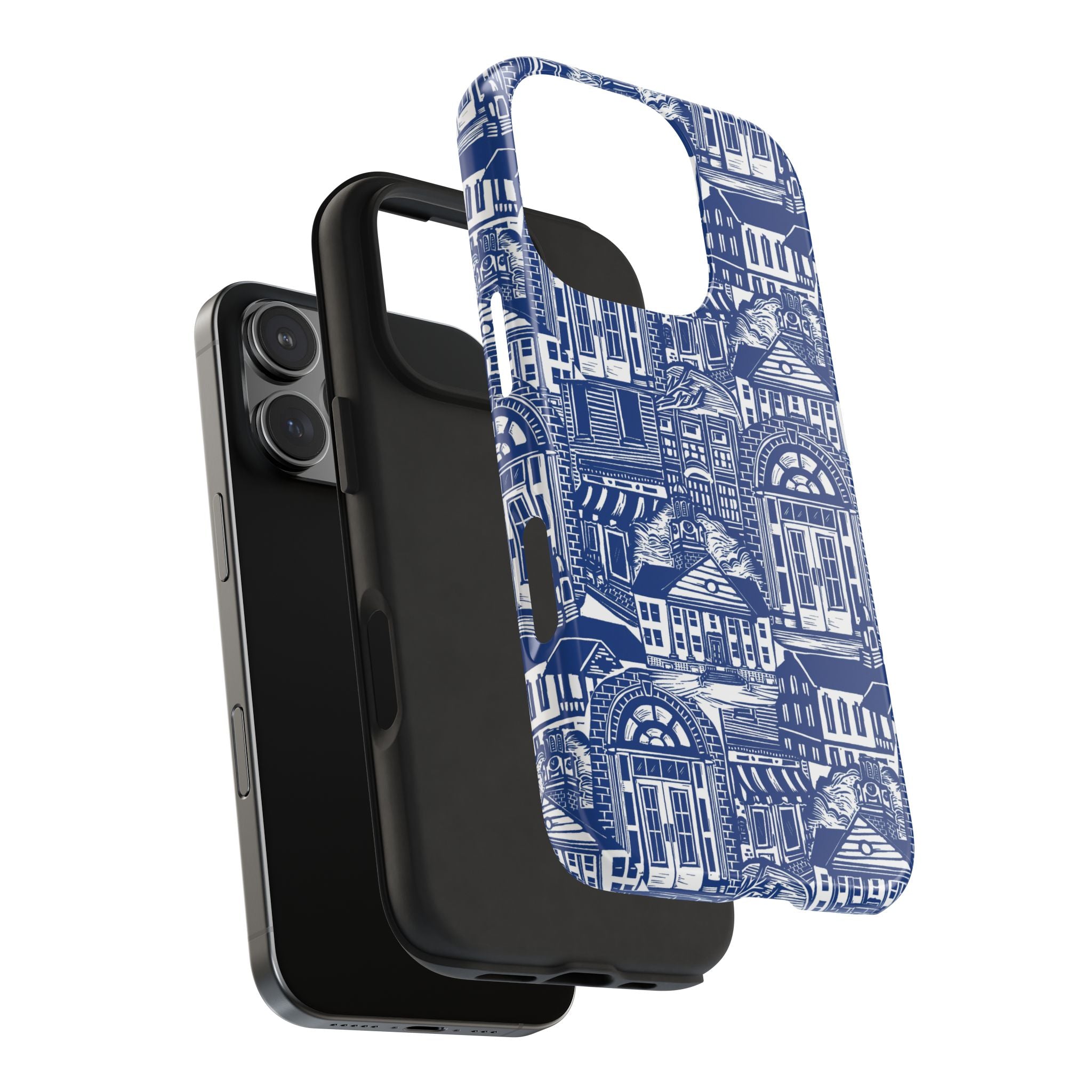 Doorway Cottage Pattern Tough Phone Case — Blue Architectural Houses Protective Cover