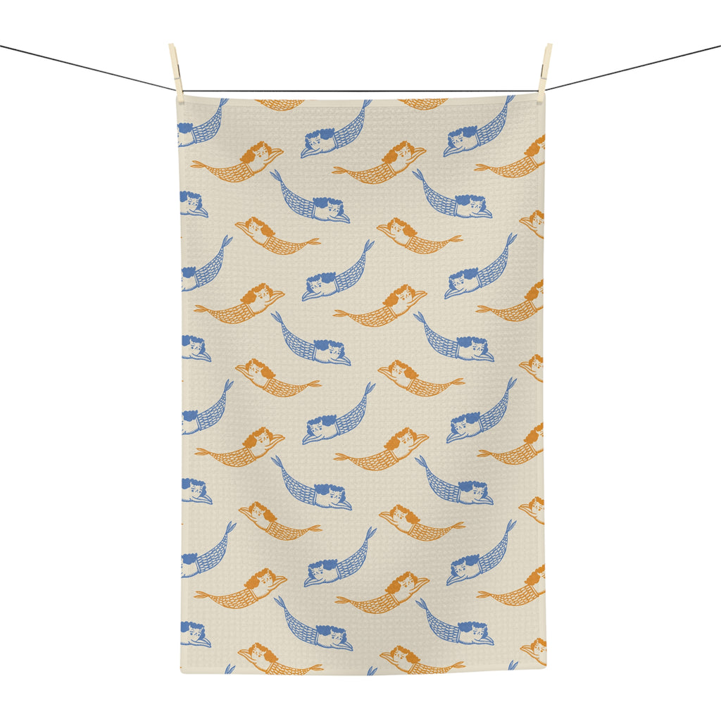 Mermaid Pattern Microfiber Tea Towel — Blue & Amber Nautical Kitchen Towel