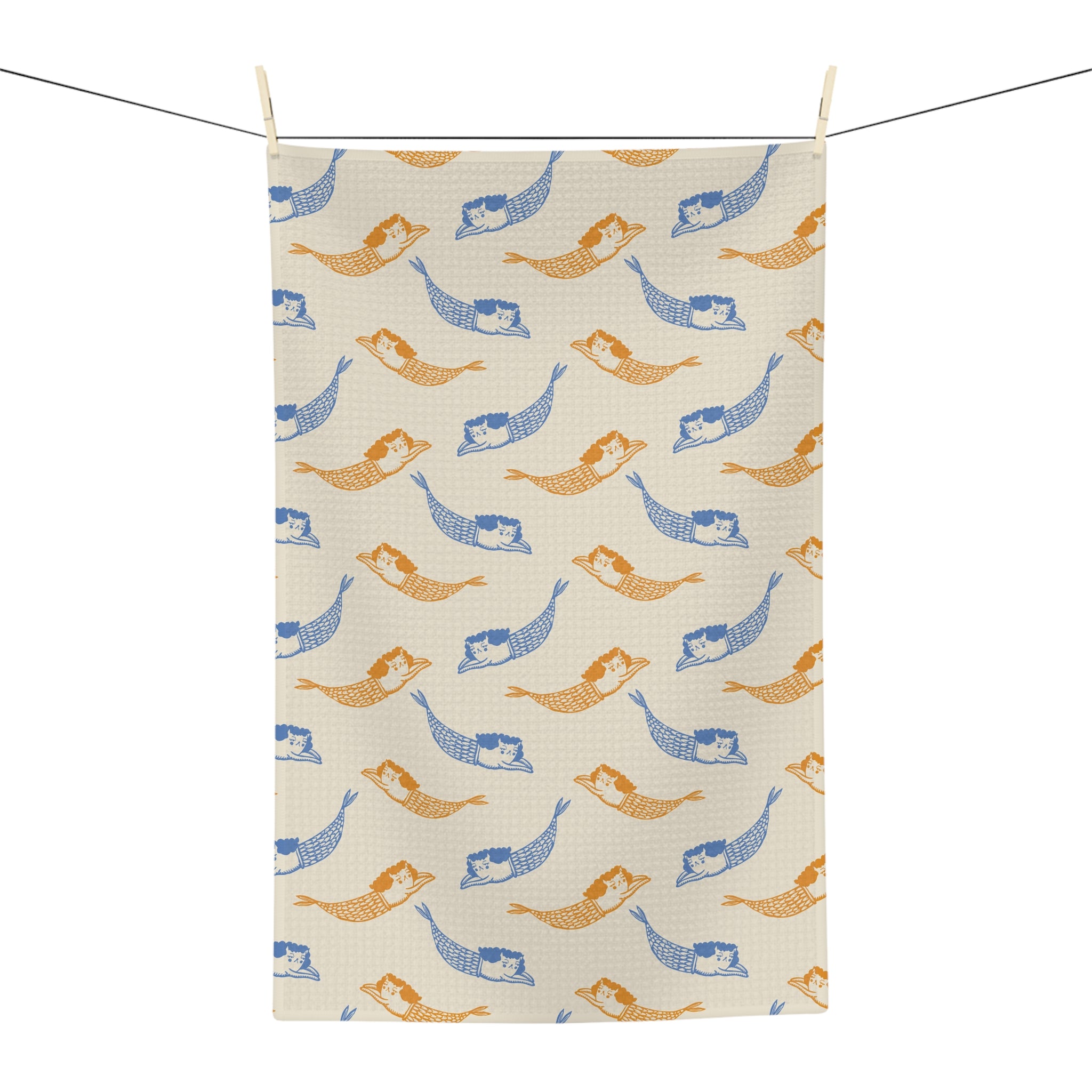 Mermaid Pattern Microfiber Tea Towel — Blue & Amber Nautical Kitchen Towel