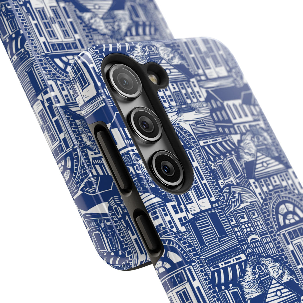 Doorway Cottage Pattern Tough Phone Case — Blue Architectural Houses Protective Cover